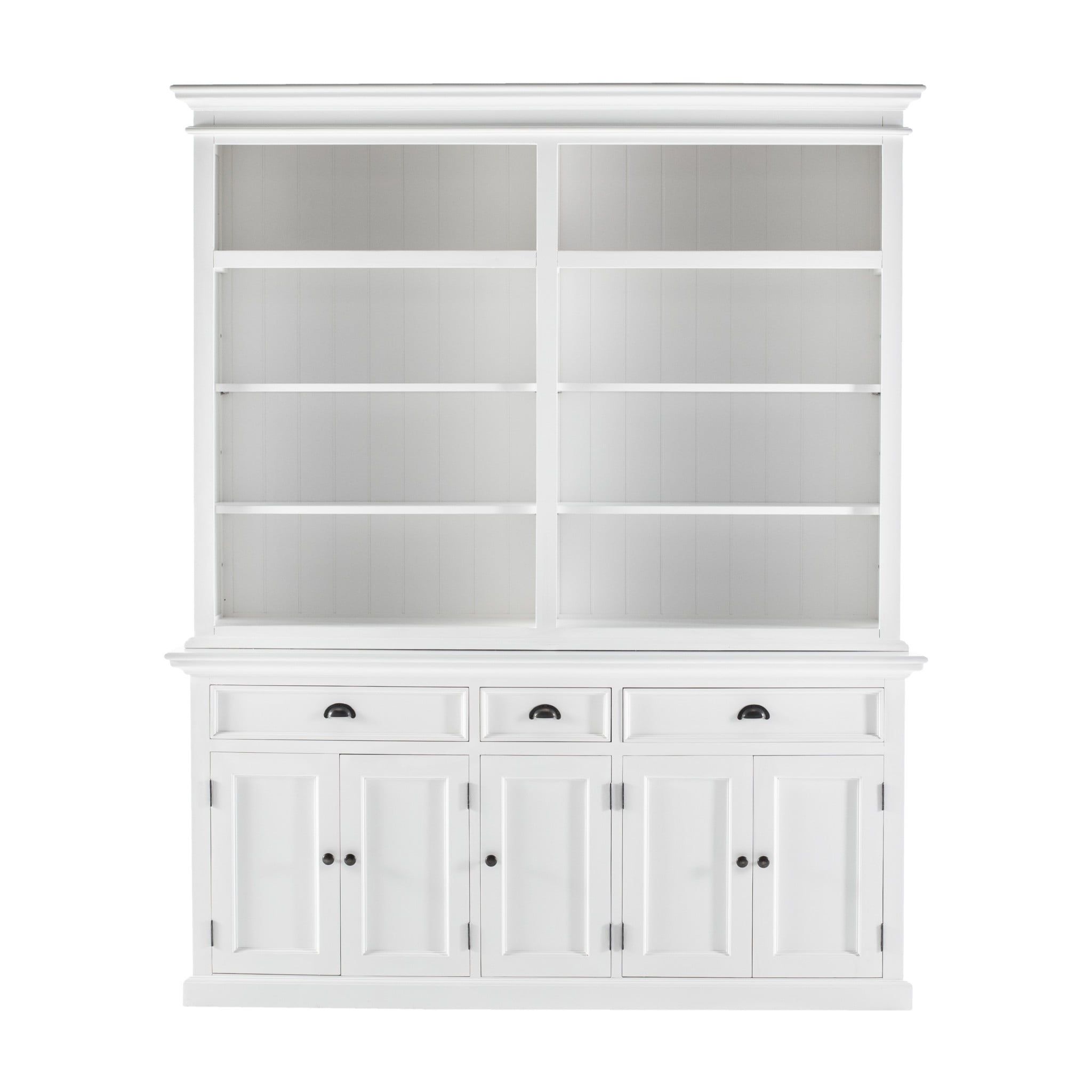 Classic White Wood Hutch Bookcase with 5 Doors and 3 Drawers