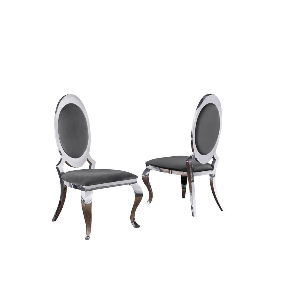 Dark Gray Velvet and Silver Metal Side Chairs Set