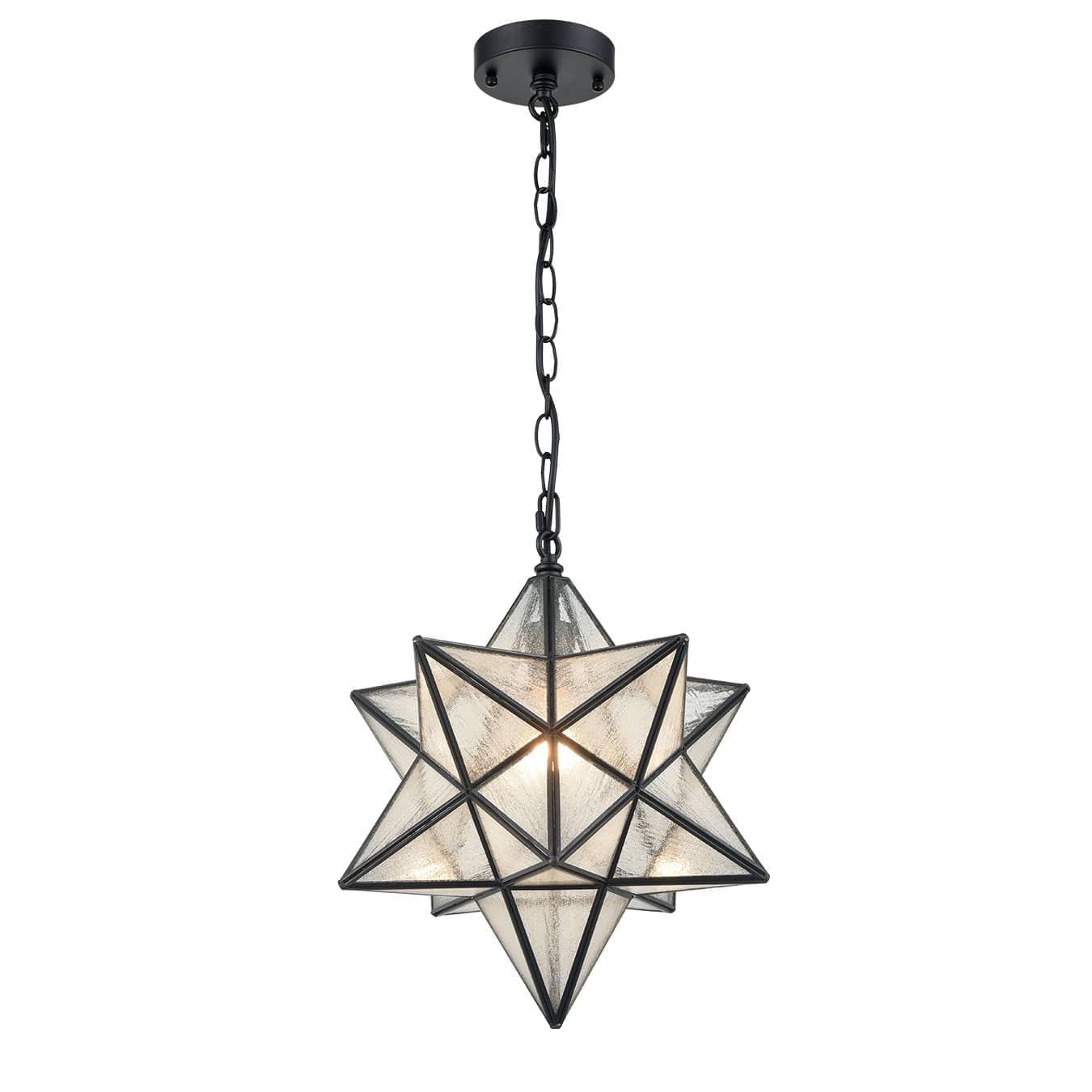 Geometric 16'' Black Moravian Star Pendant Light with Seeded Glass Shade