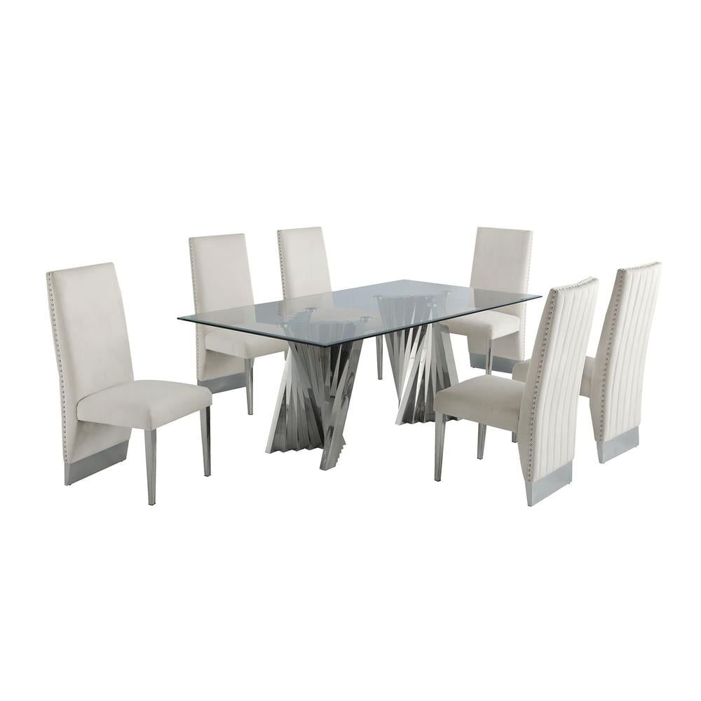 Clear Glass Dining Set with Table and 6 Cream Velvet Chairs