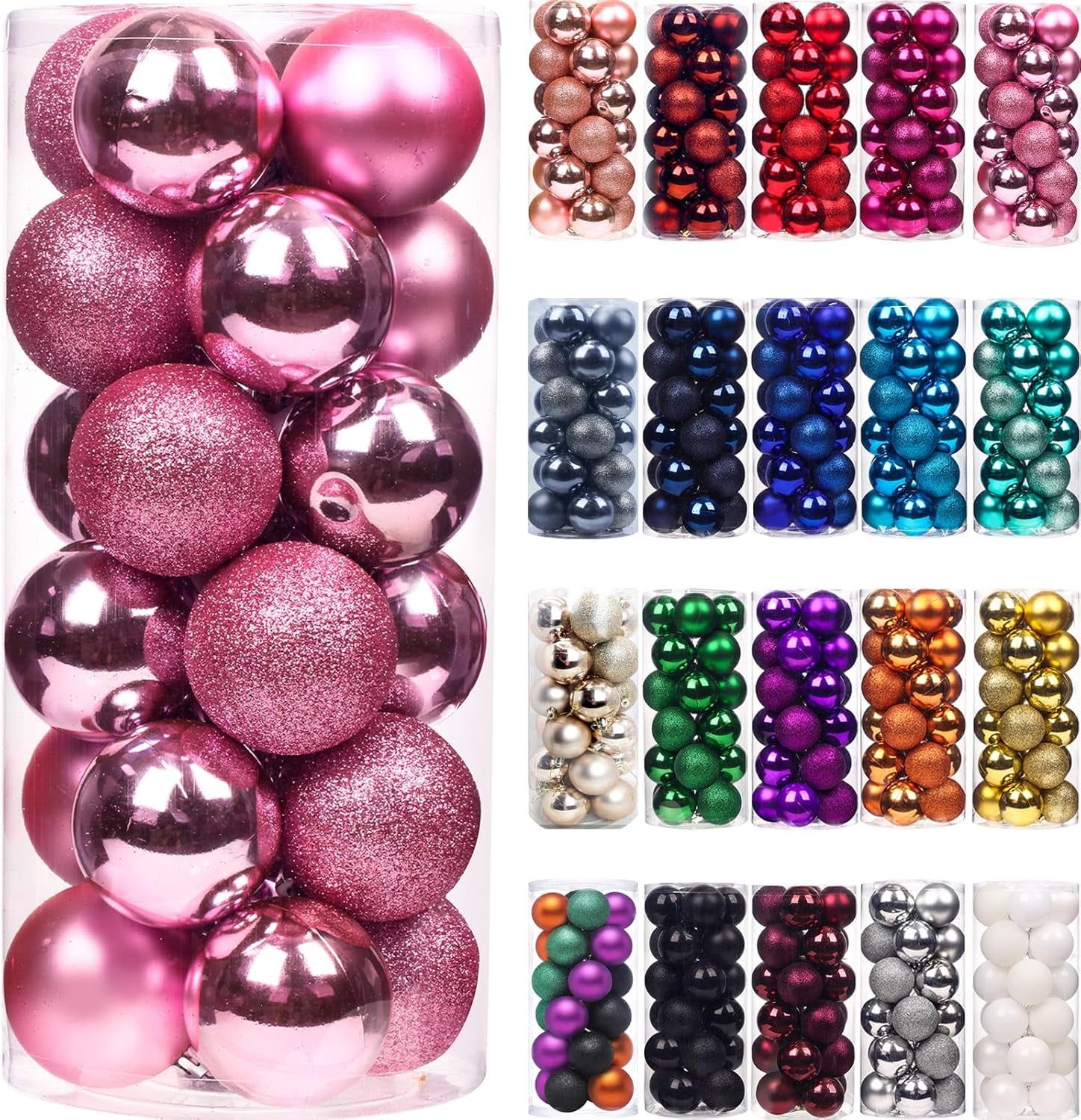 Pink Shatterproof Plastic Christmas Ball Ornaments Set