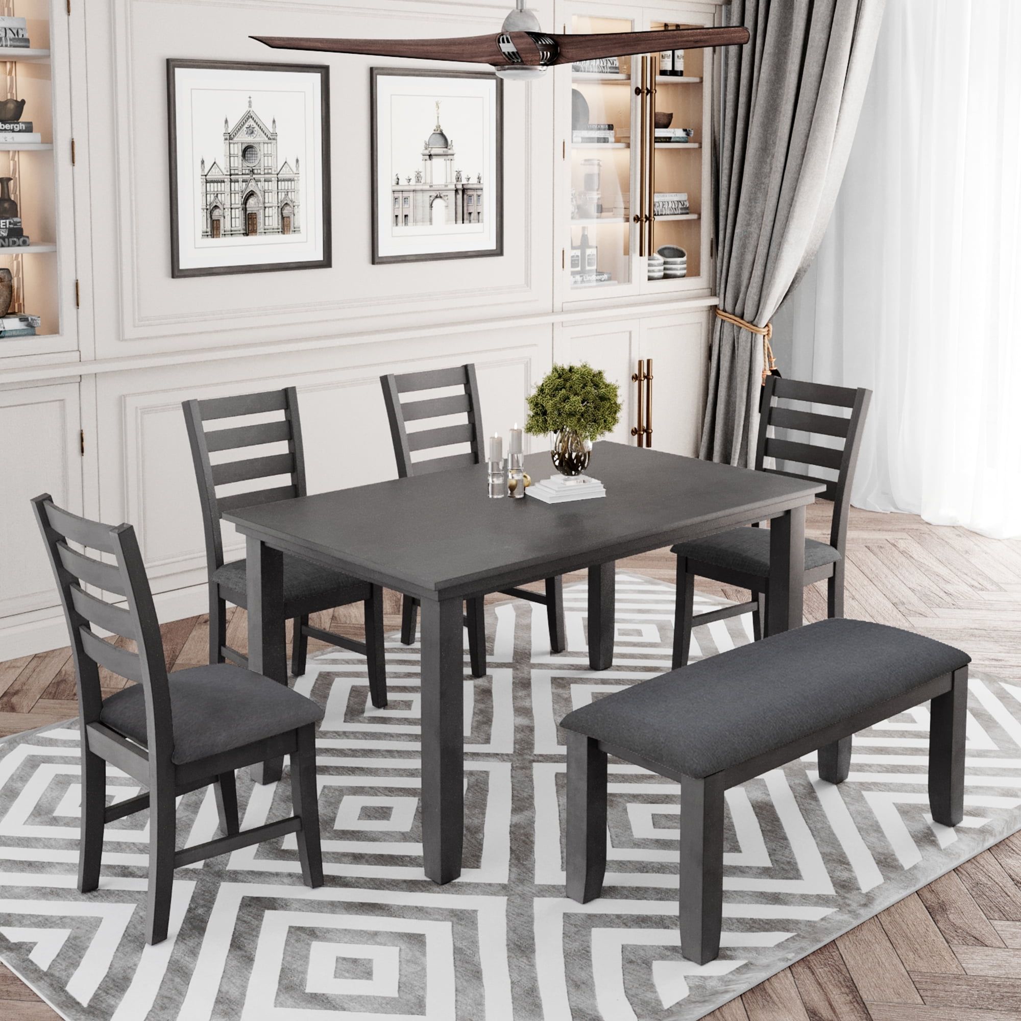 Gray Rustic Wood Dining Set with Bench and 4 Chairs