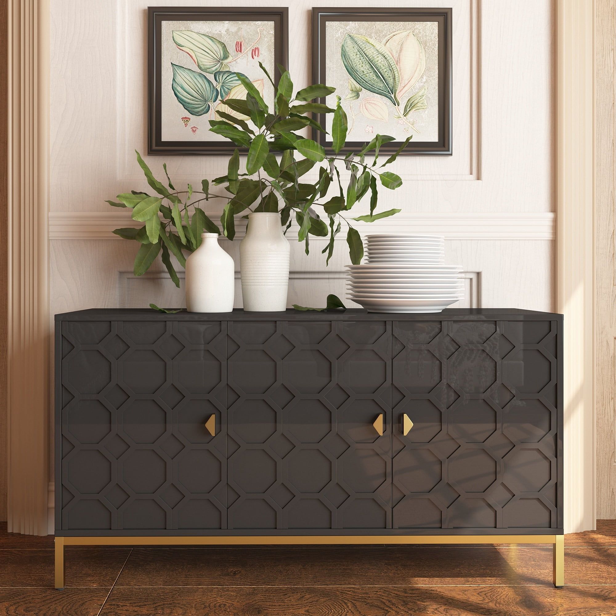Black 3-Door Glossy MDF Sideboard with Golden Metal Legs