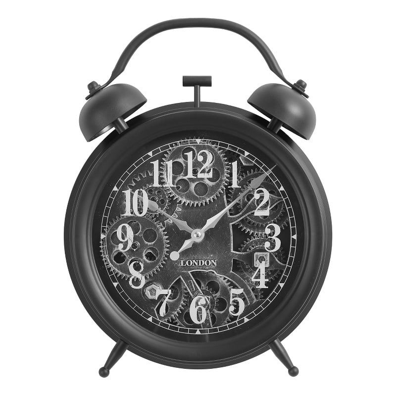 Black Quartz 12" Round Table Clock with Moving Gear Mechanism