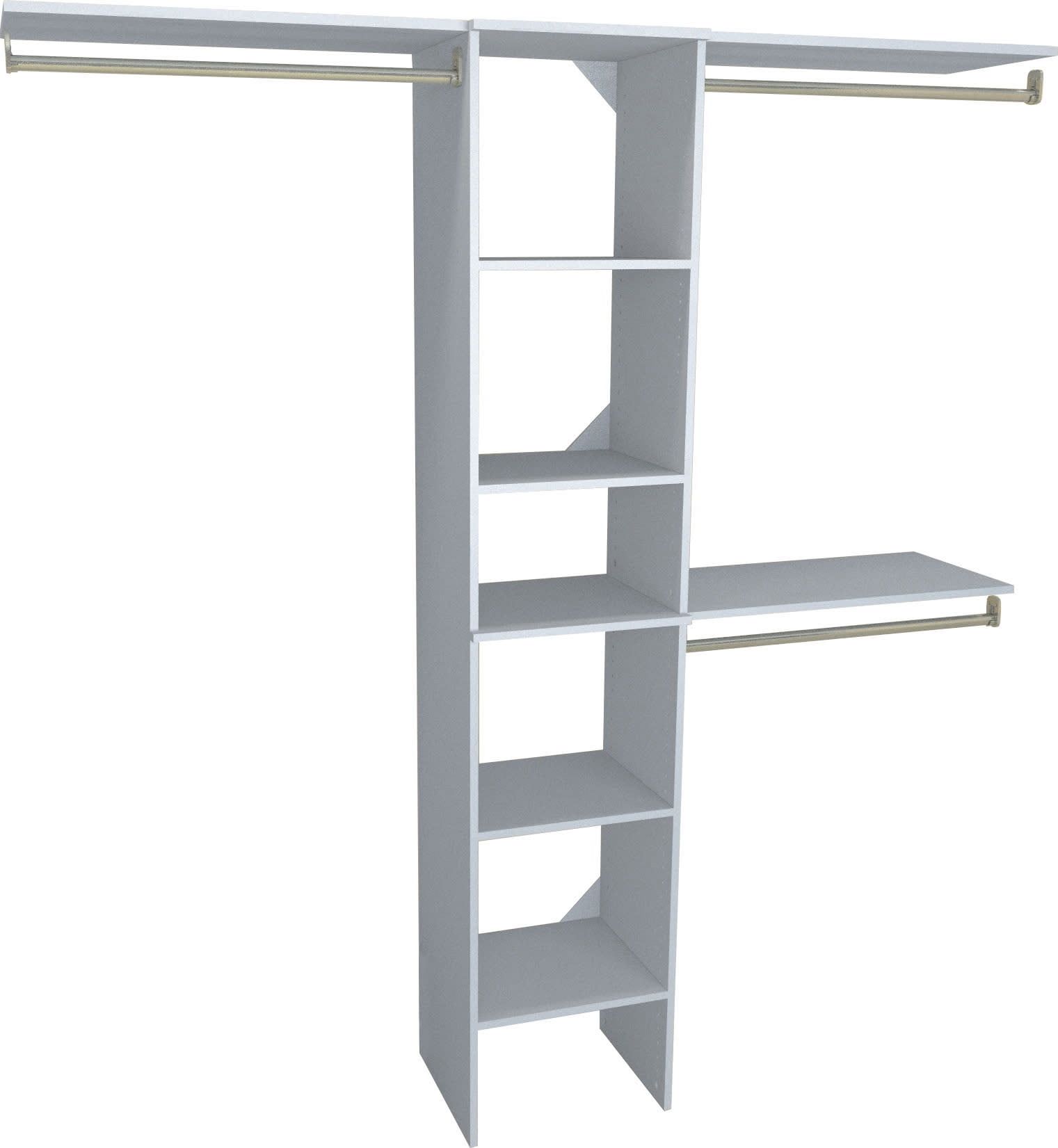 White Laminate Closet Organizer Kit with Shelves and Hanging Rods