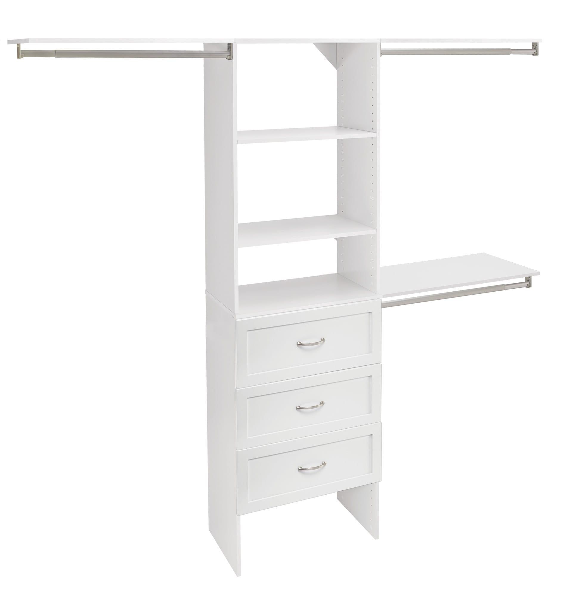 White Laminate Closet Organizer with Shelves and Drawers