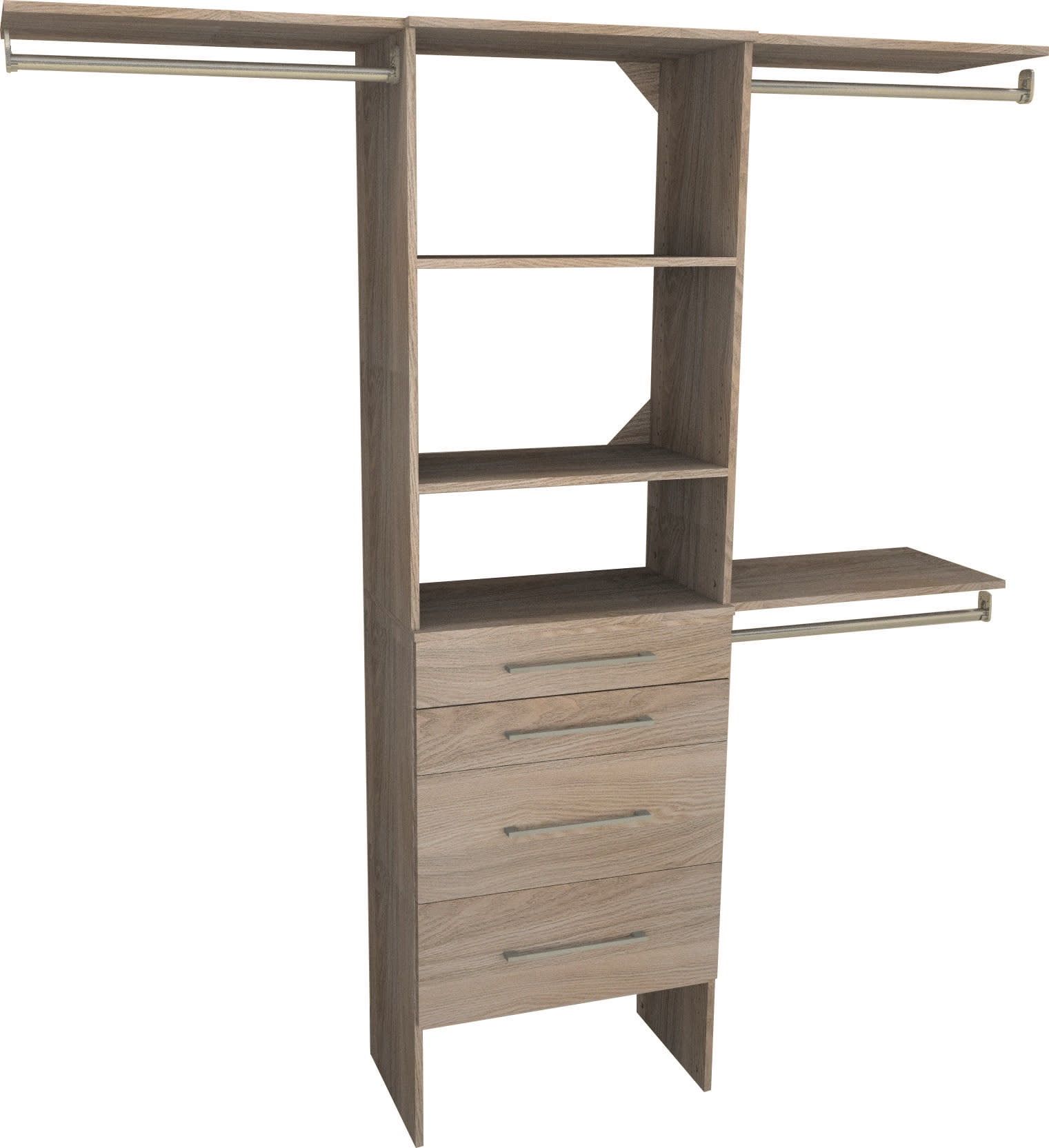 Natural Gray Wood Closet Organizer with Shelves and Drawers