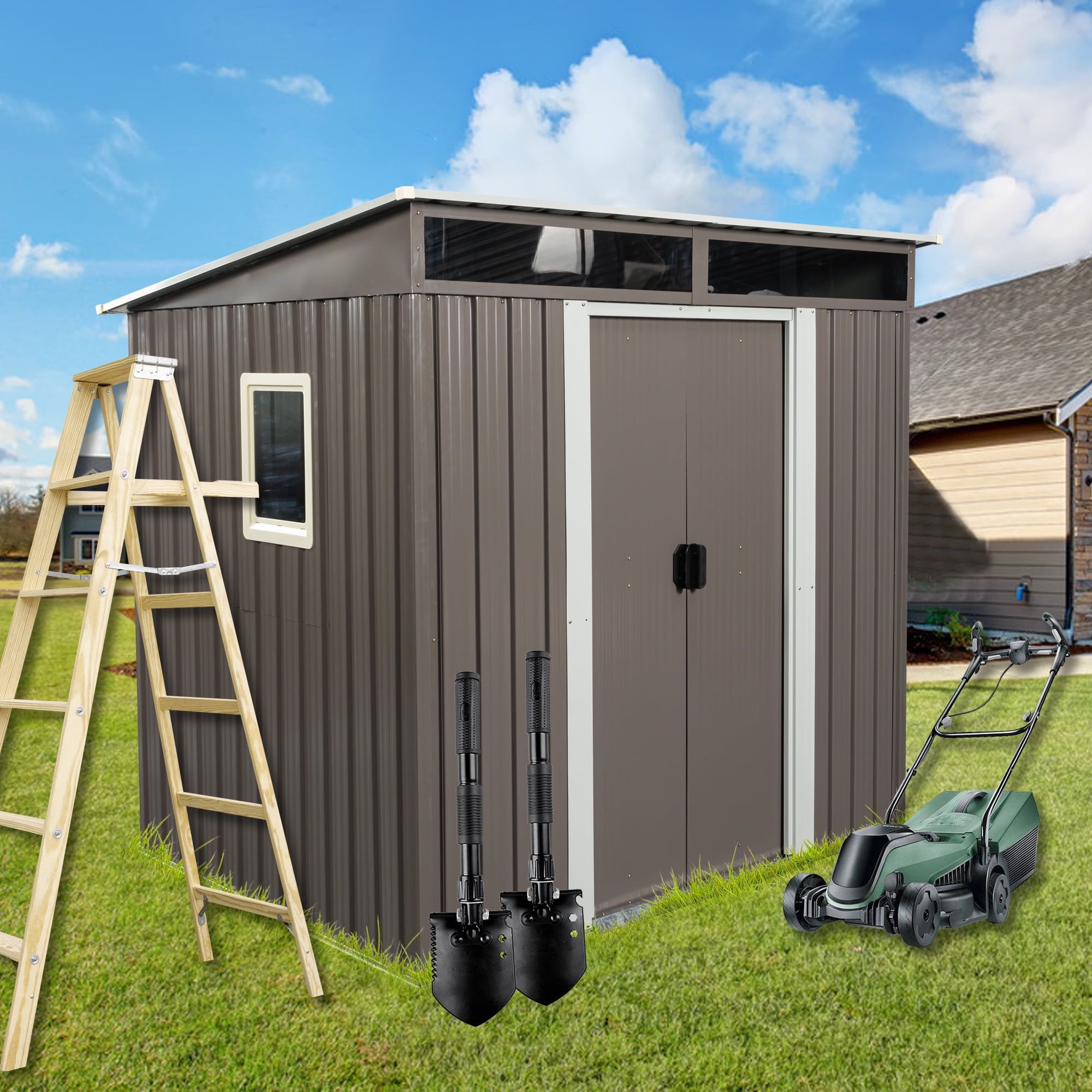 6ft x 5ft Gray Metal Storage Shed with Windows and Sliding Doors