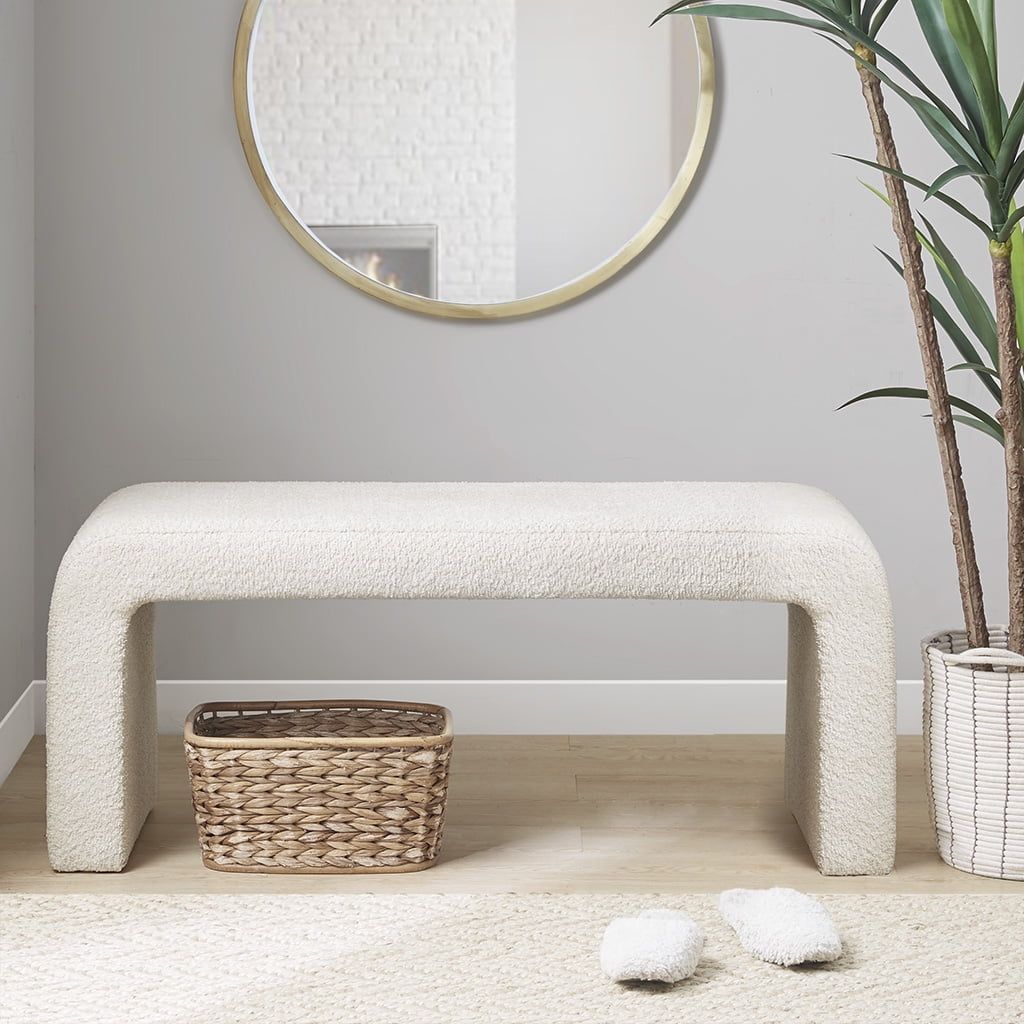 Cream Boucle Upholstered Waterfall Bench with Rounded Corners