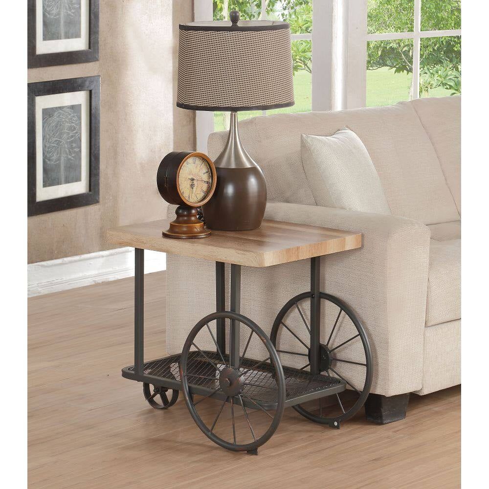 Francie Rustic Oak & Antique Gray Industrial End Table with Wheels