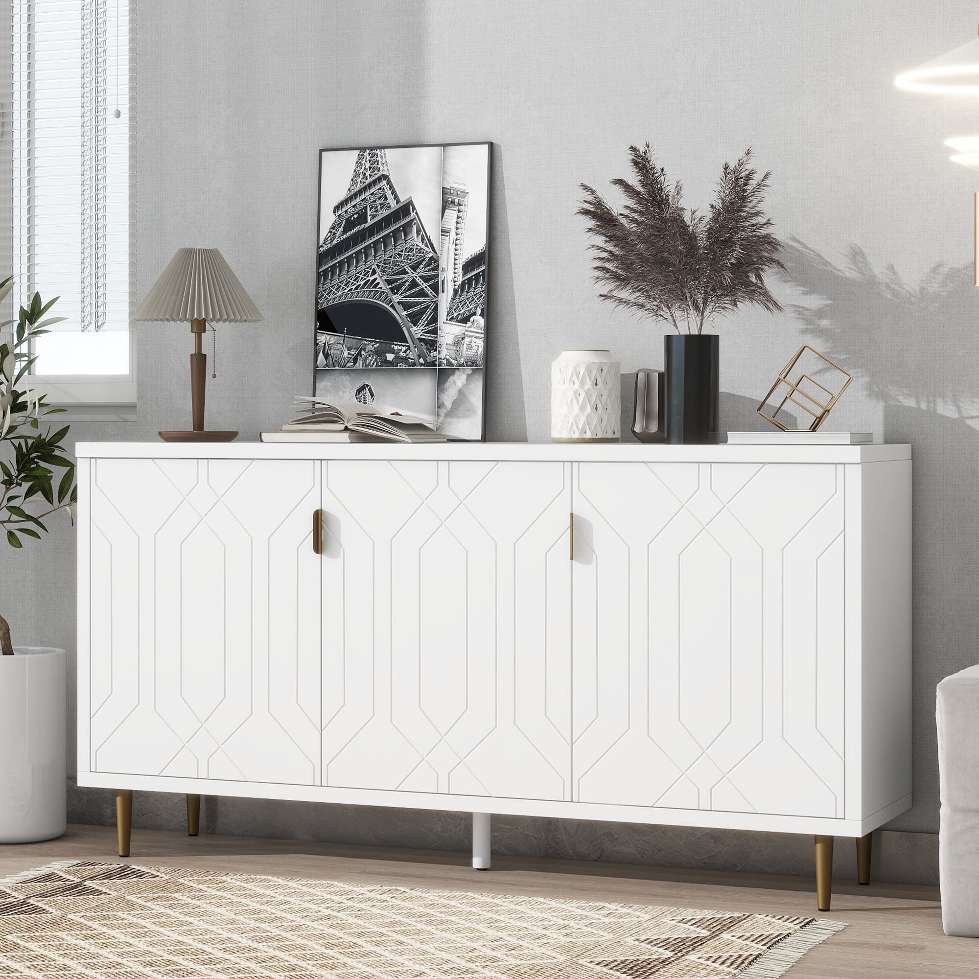 White Modern TV Stand with Adjustable Shelves and Cabinet