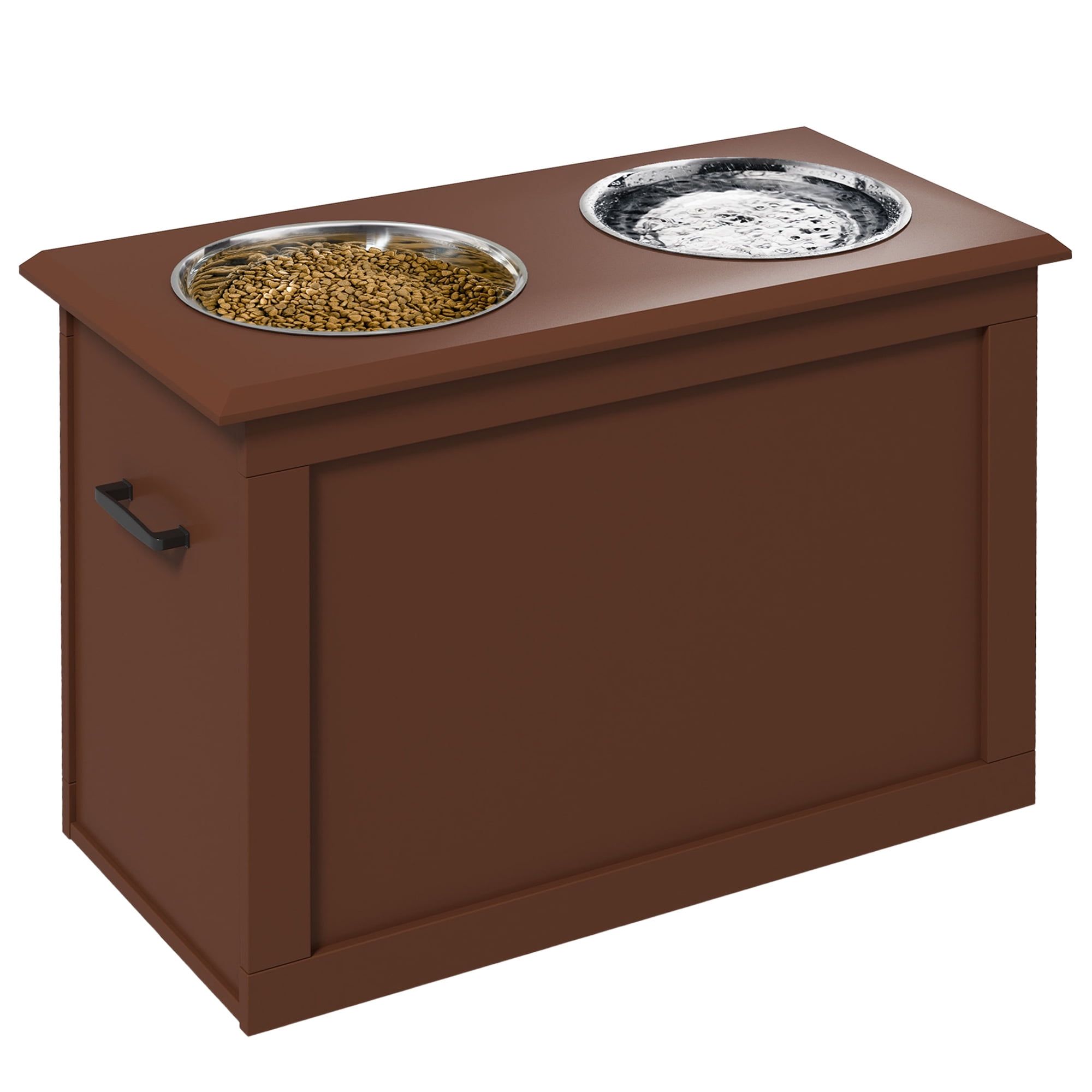 Brown Elevated Pet Feeding Station with Stainless Steel Bowls