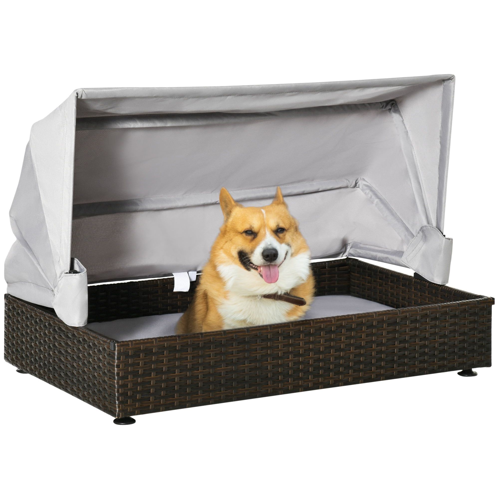 Medium Coffee Rattan Elevated Outdoor Pet Bed with Canopy