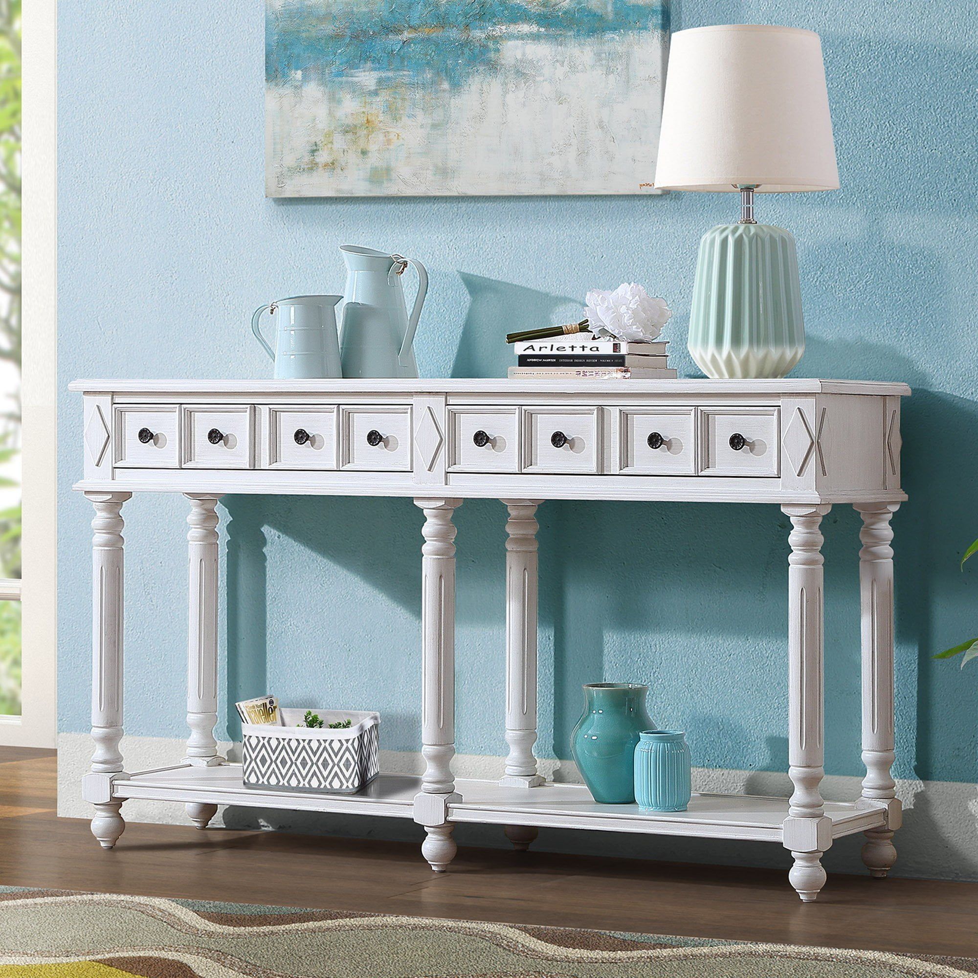 Antique White Rubberwood Carved Hallway Table with Storage