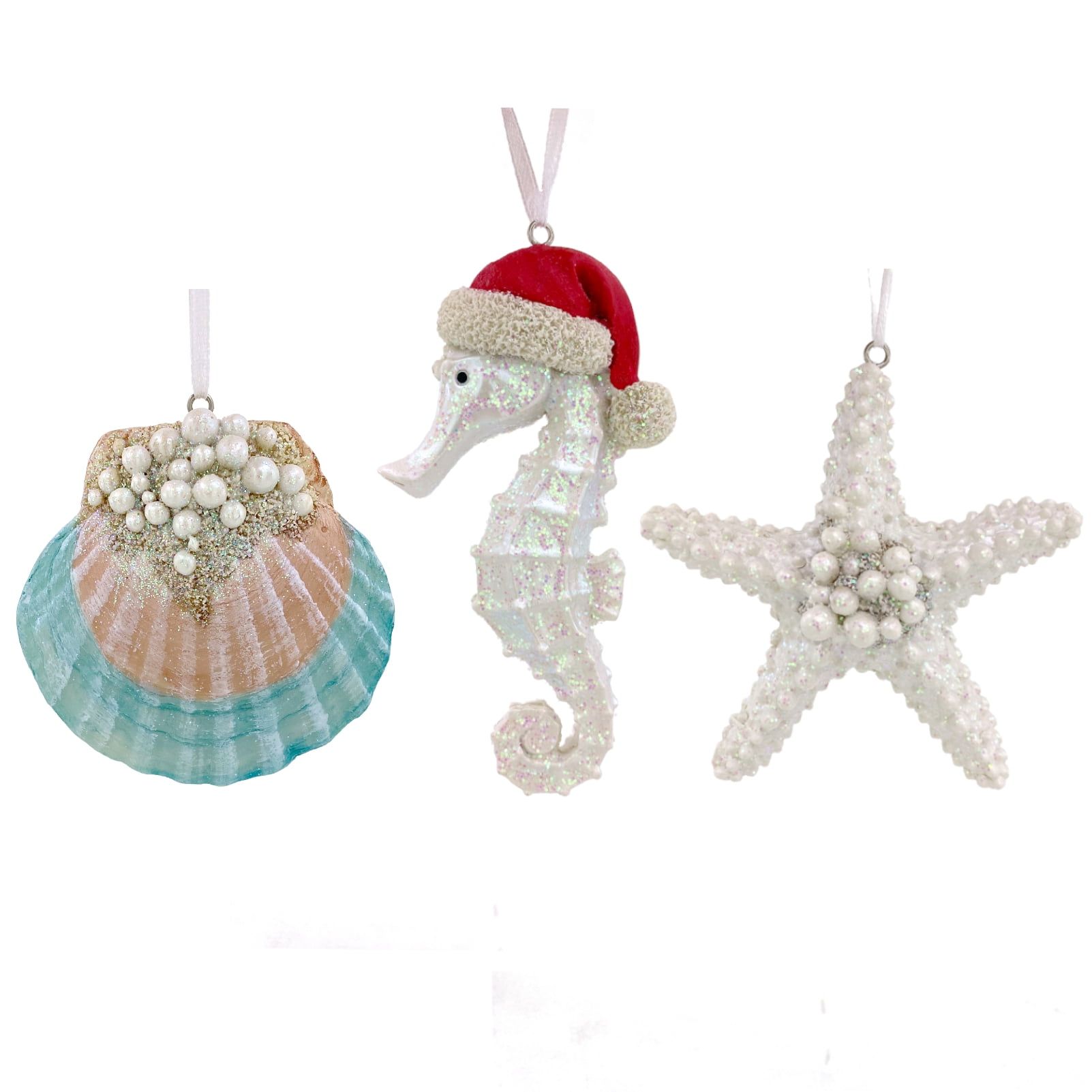 Coastal Resin Starfish Seahorse Clam Shell Christmas Ornaments Set