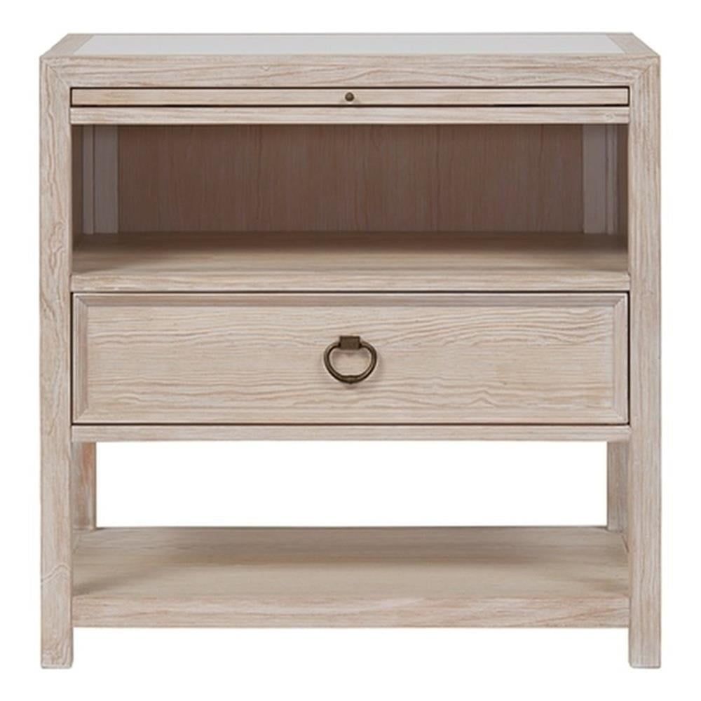 Beige Oak Coastal Nightstand with Stone Top and Drawer