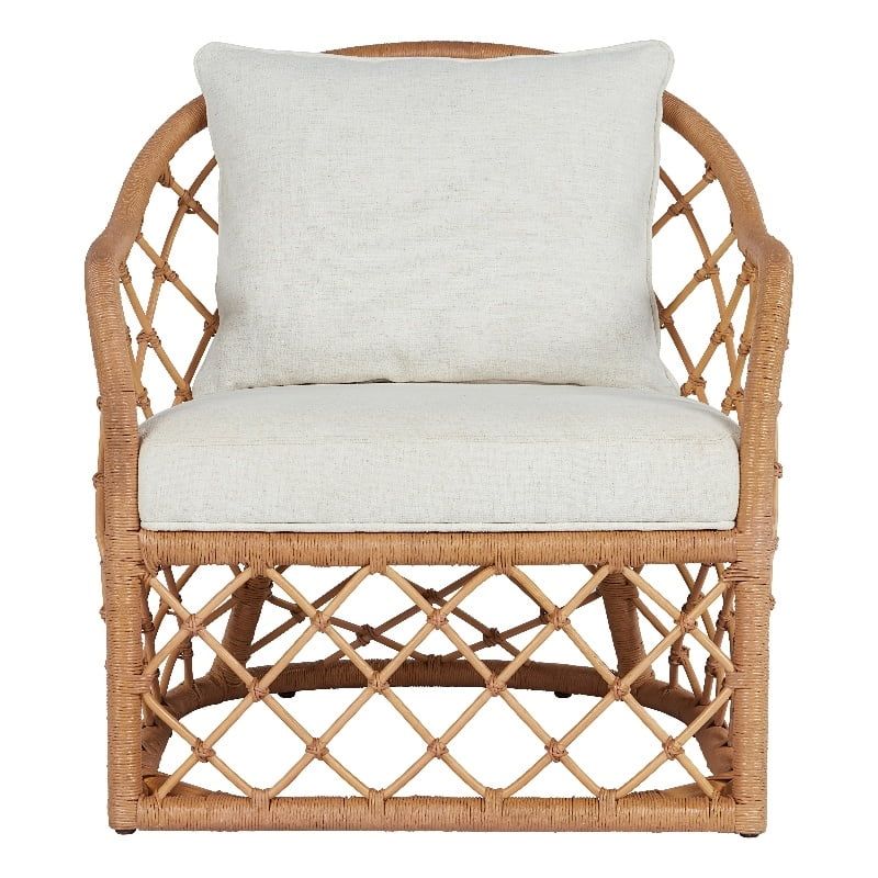 Natural Rattan Coastal Accent Chair with Cream Cushion