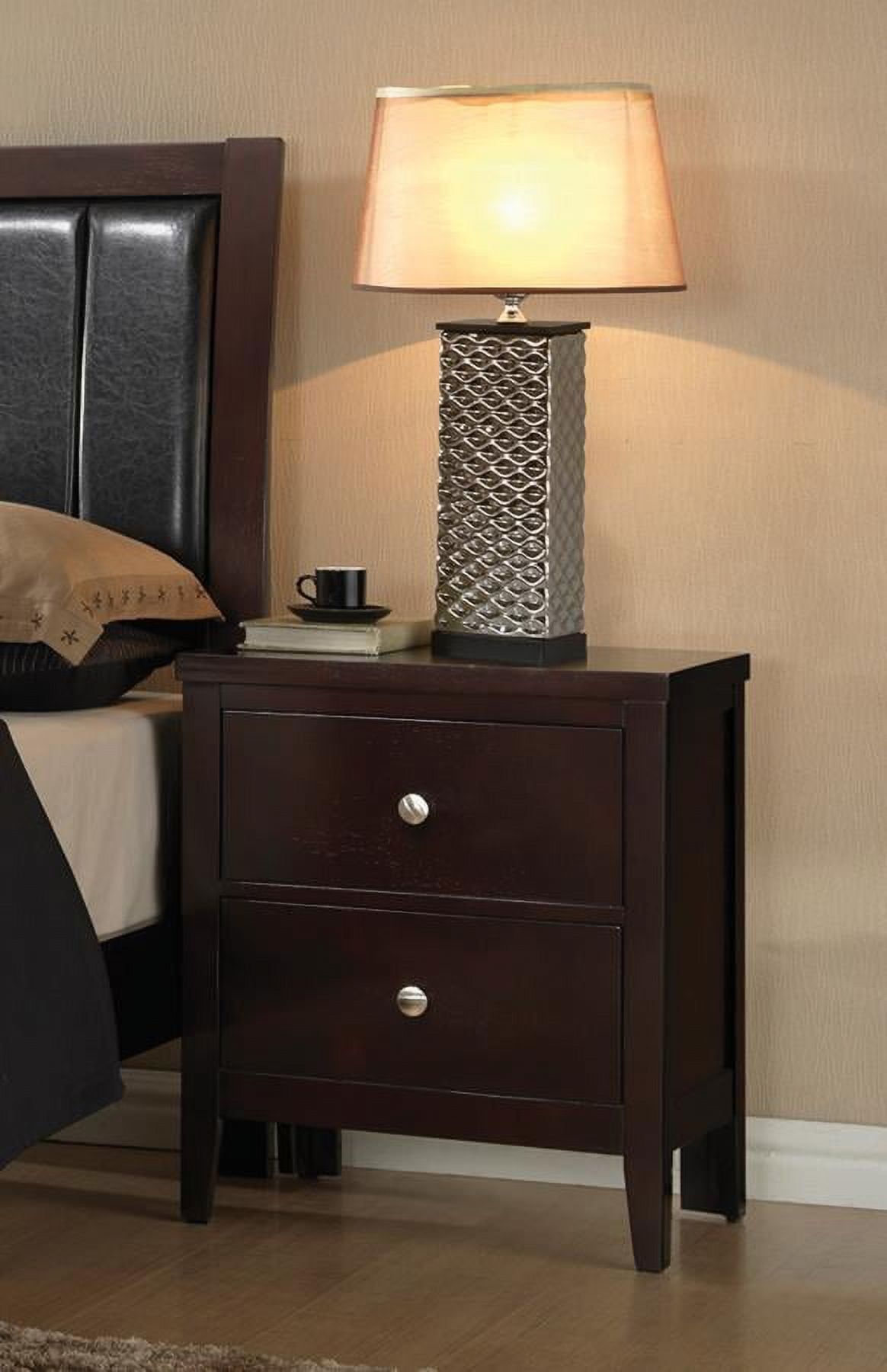 Carlton Transitional Brown 2-Drawer Nightstand with Silver Accents