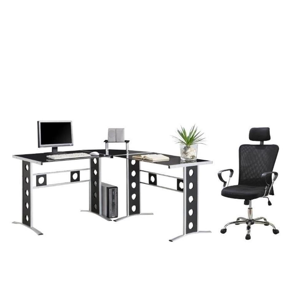 Adjustable Black L-Shaped Computer Desk with Executive Chair