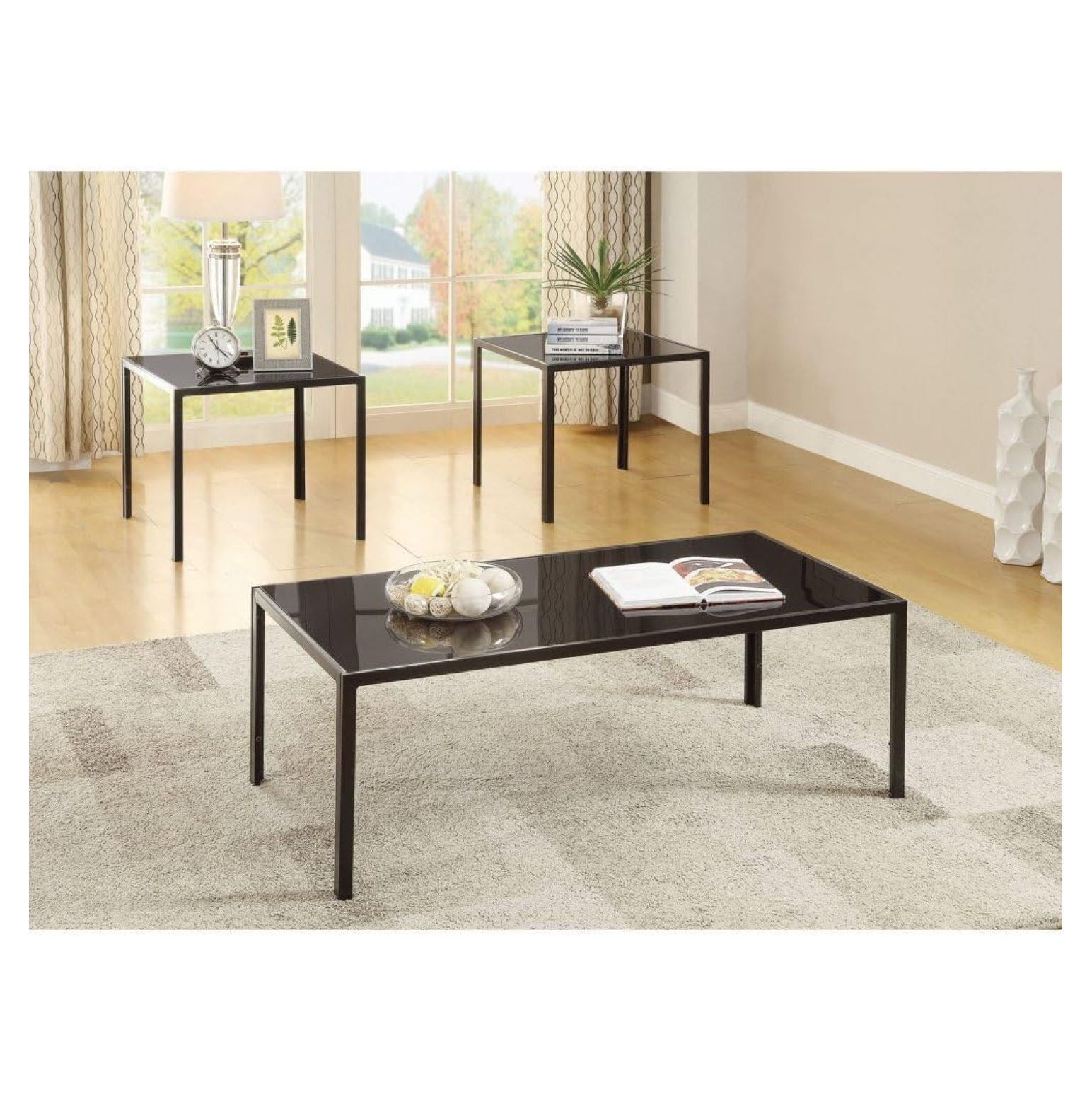 Warm Medium Brown Glass Top 3-Piece Coffee Table Set