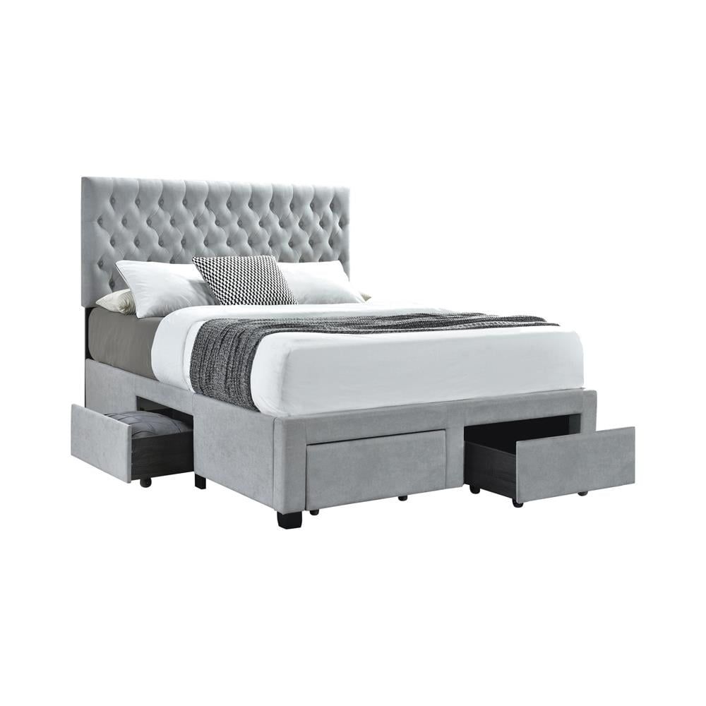 Gray Full Storage Bed with Tufted Upholstery and Drawers