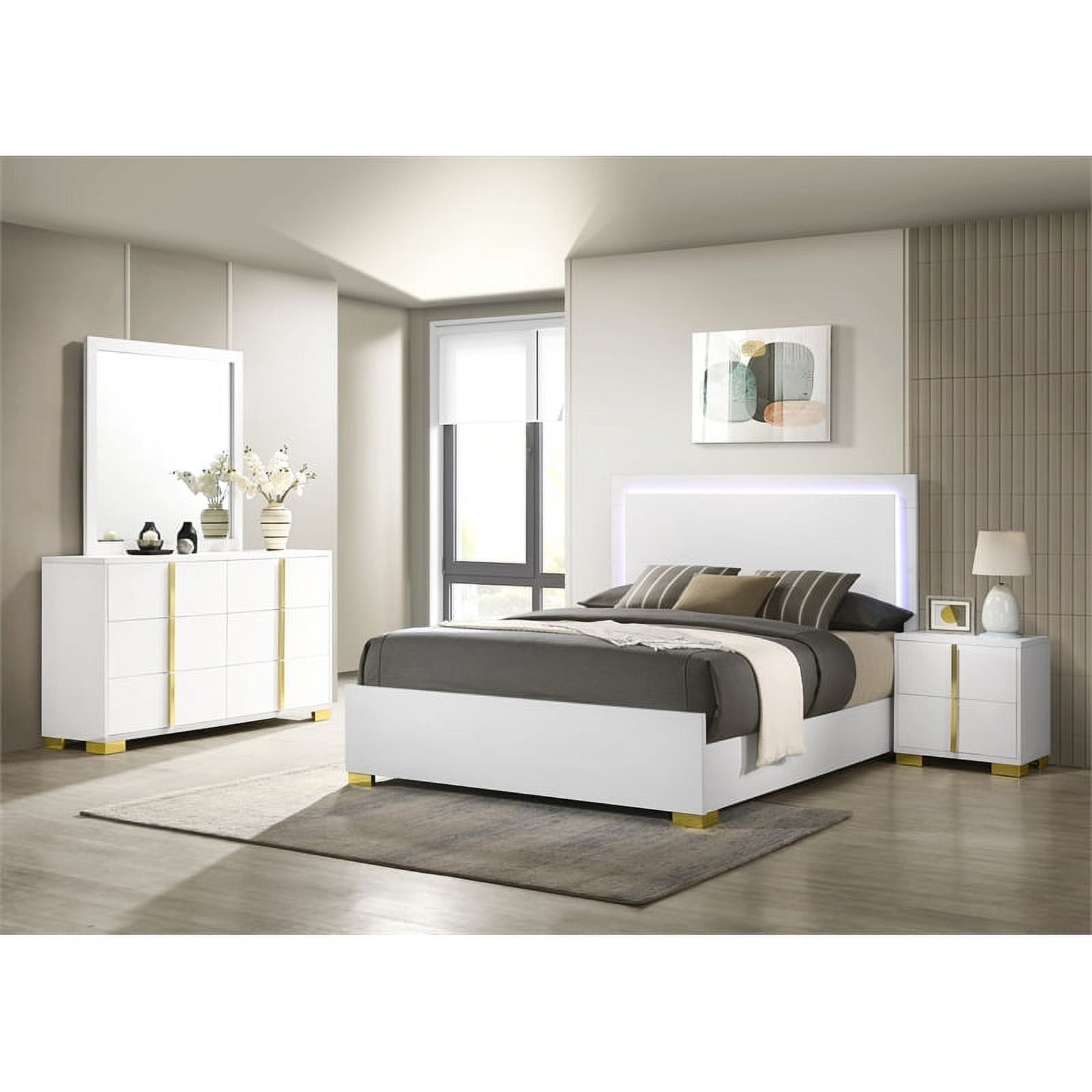 Contemporary Full Bedroom Set with LED Headboard in White and Gold