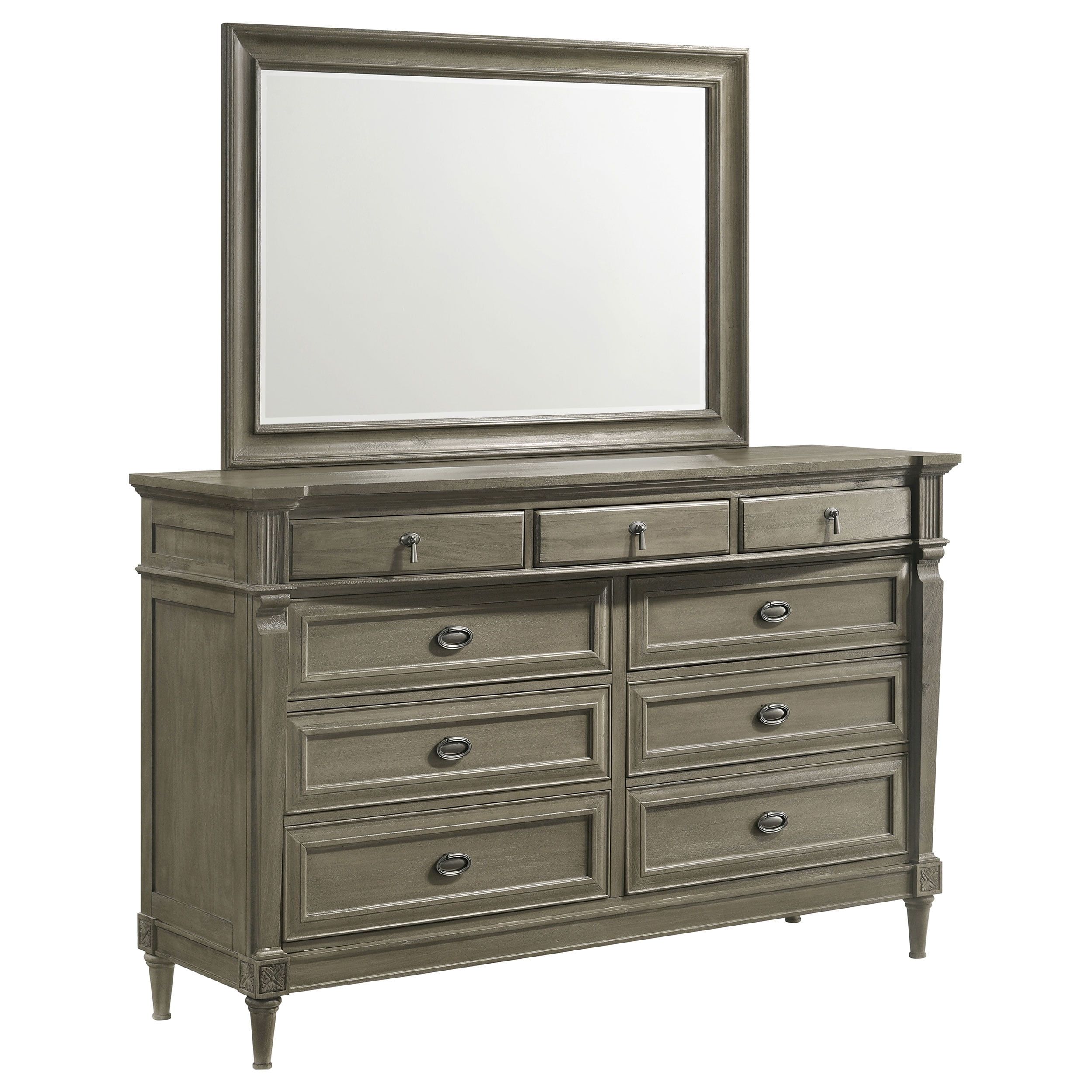 French Gray Mahogany 9-Drawer Dresser with Mirror