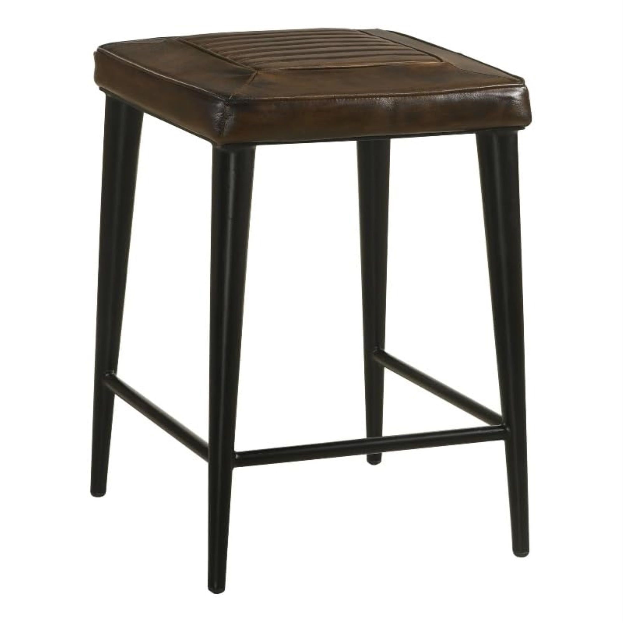 Antique Brown Leather and Black Metal Counter Stool