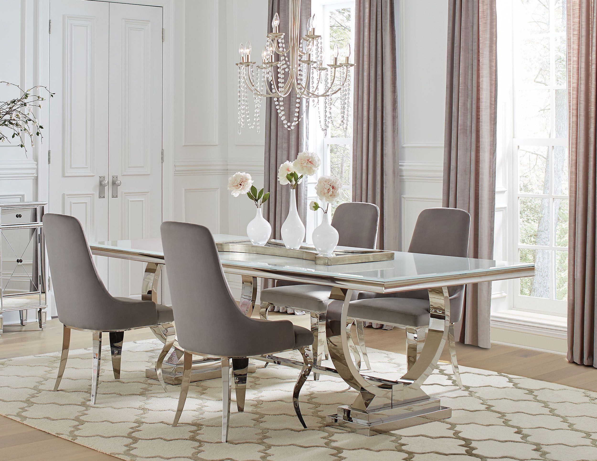 Elegant Gray Velvet and Chrome 5-Piece Dining Set with Glass Table