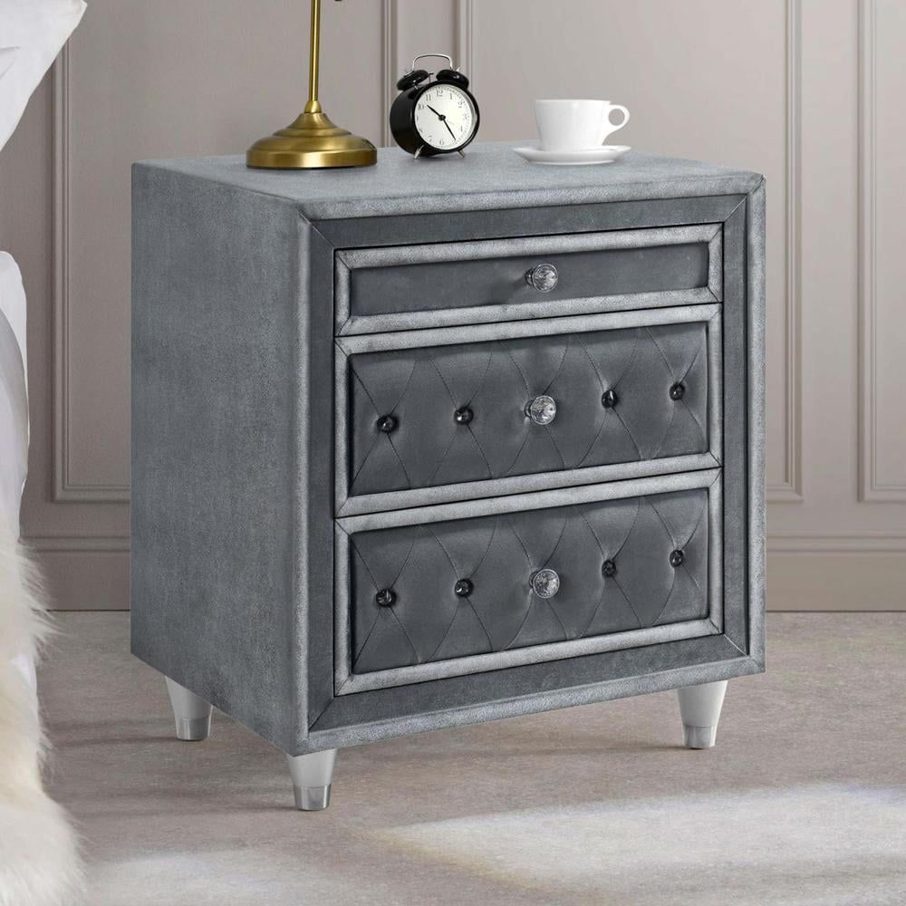 Gray Velvet Upholstered 3-Drawer Nightstand with Crystal Knobs