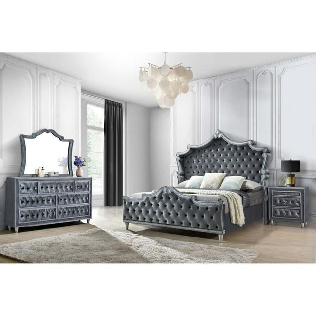 Gray Velvet Tufted Queen Bedroom Set with Crystal Accents