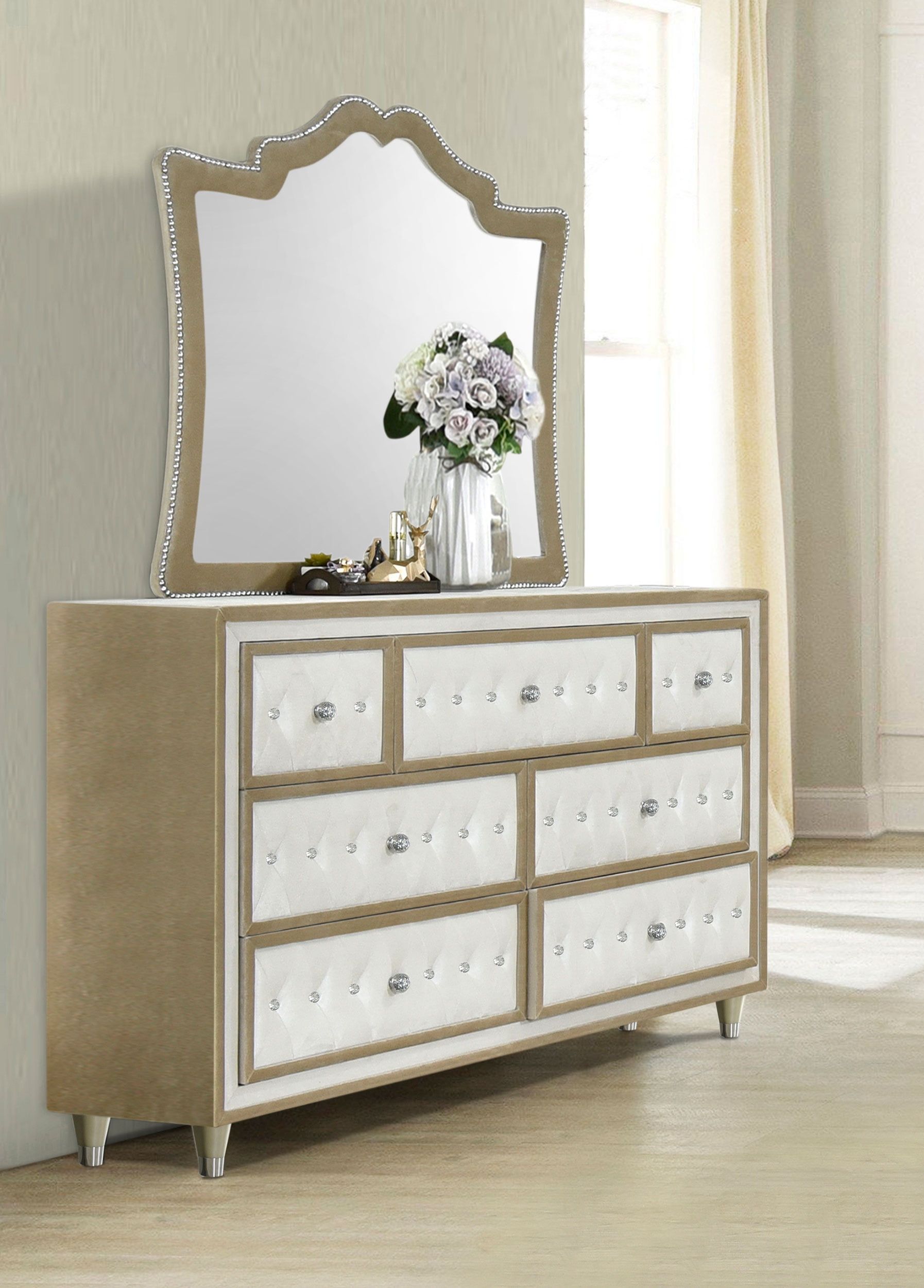 Ivory and Camel 7-Drawer Upholstered Dresser with Mirror