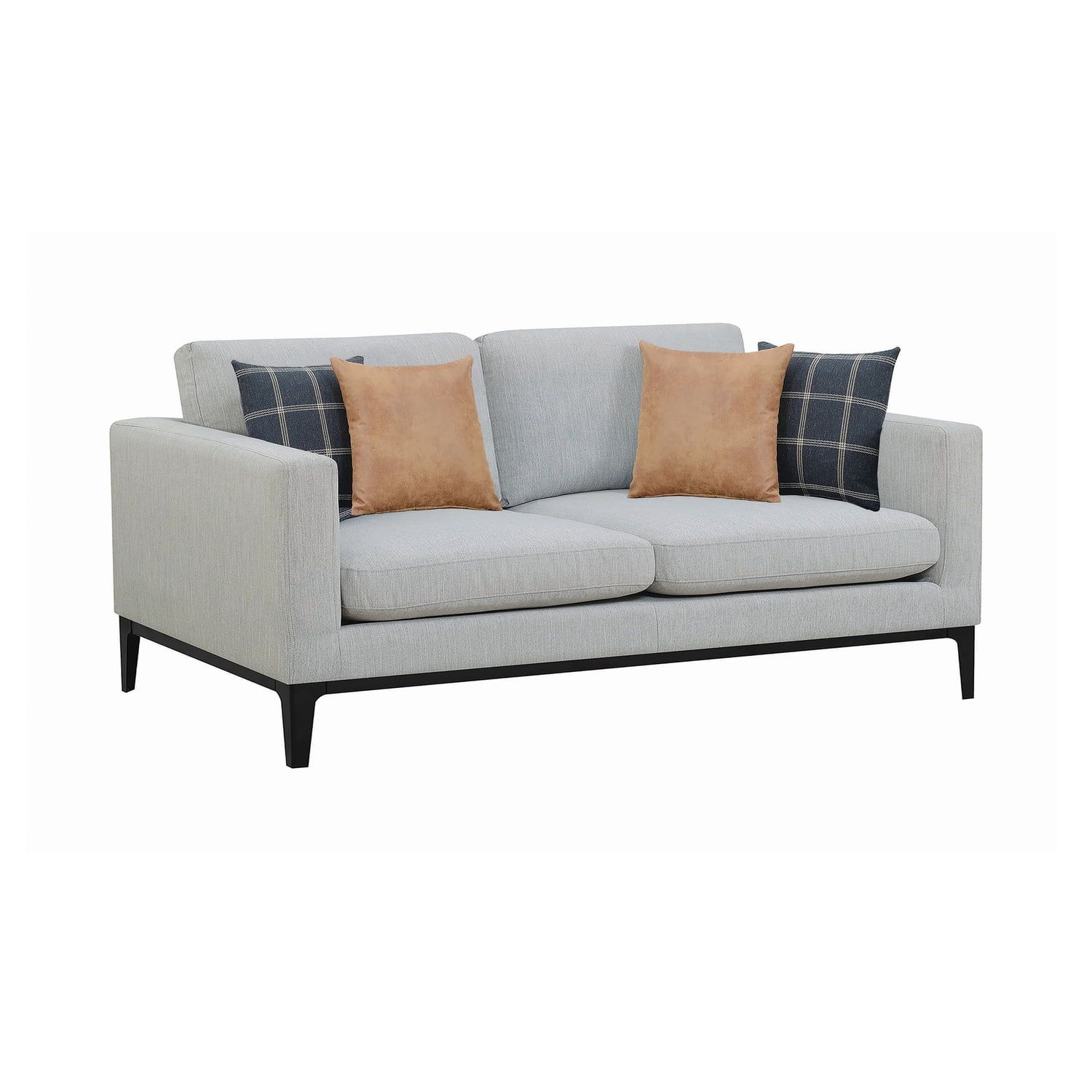 Gray Linen Track Arm Sofa with Plaid Accent Pillows