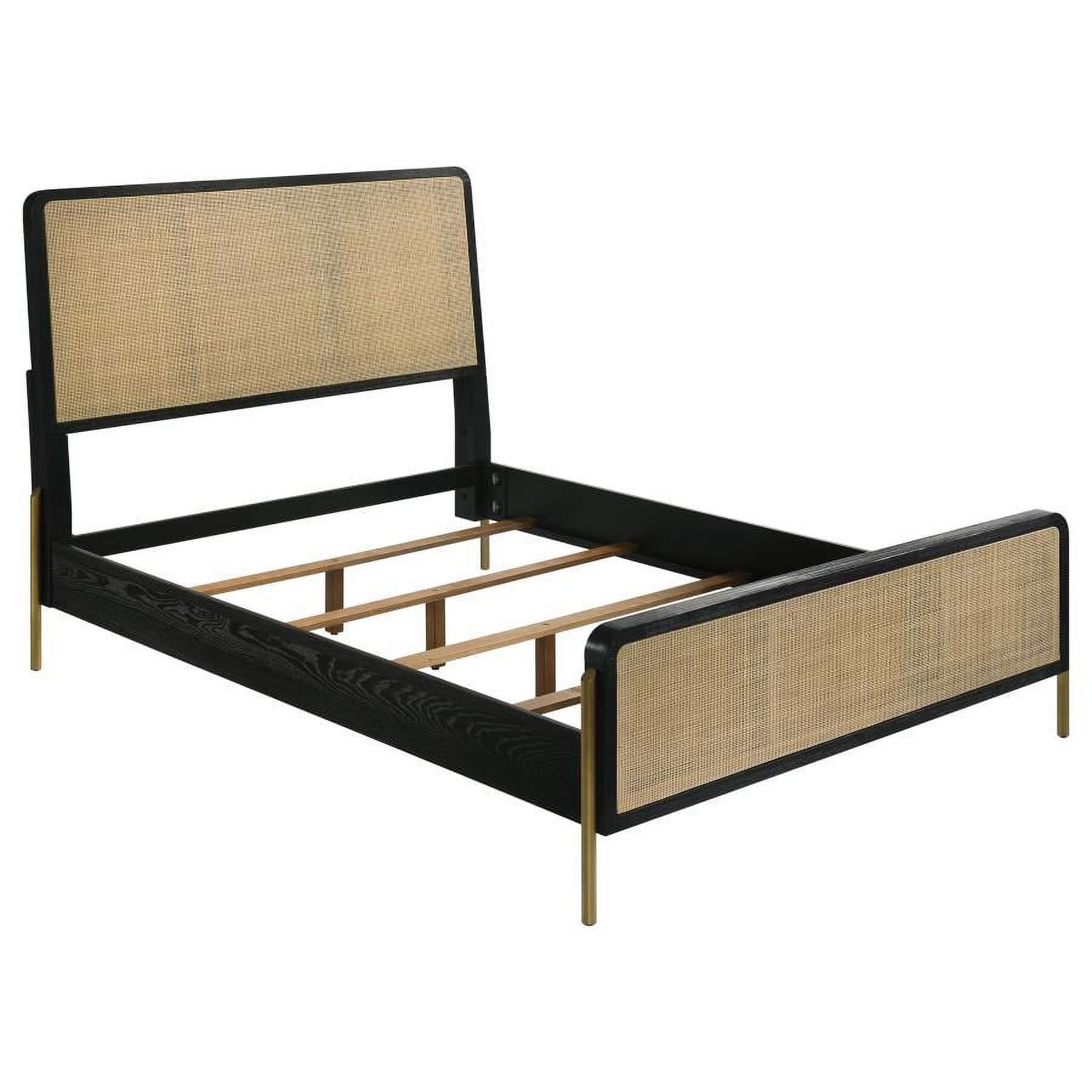 Black and Natural Queen Panel Bed with Woven Rattan Headboard