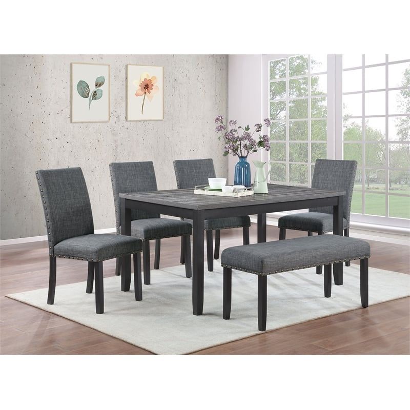 Gray and Black Rectangular Dining Set with Bench and 4 Chairs