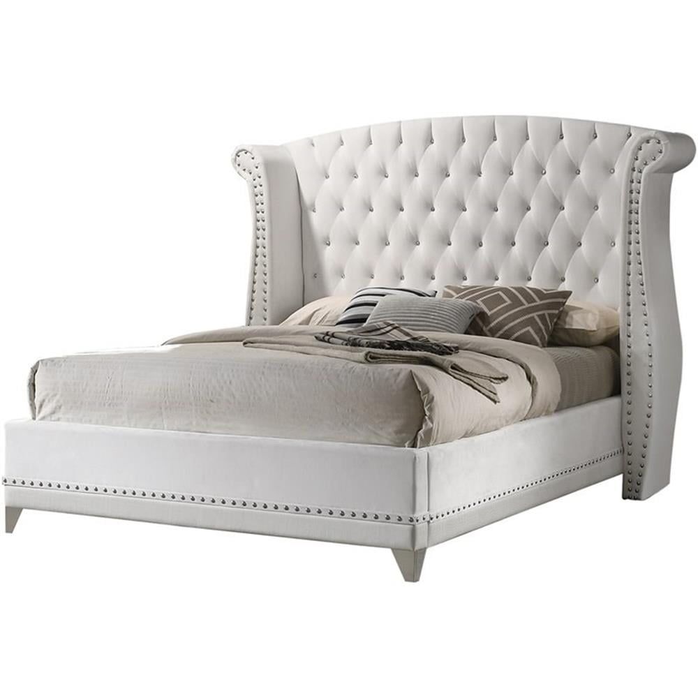 Elegant White Faux Leather Queen Platform Bed with Tufted Wingback Headboard