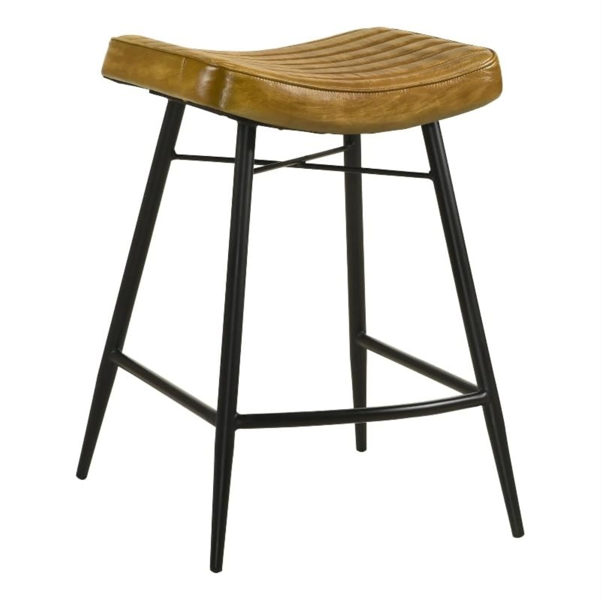 Light Brown Leather and Black Metal Saddle Counter Stool