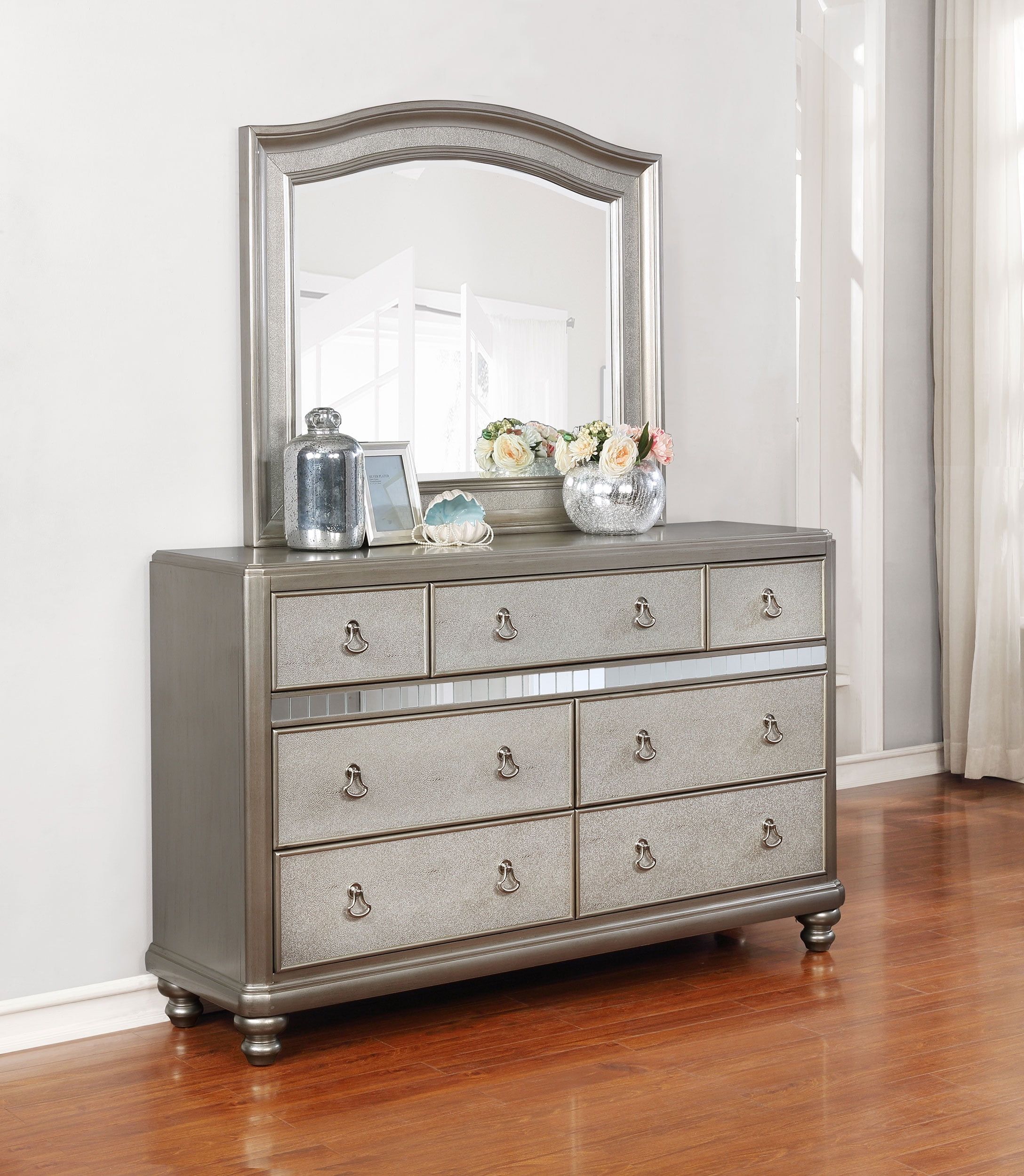 Metallic Platinum 7-Drawer Dresser with Mirror and Felt Lined Drawers