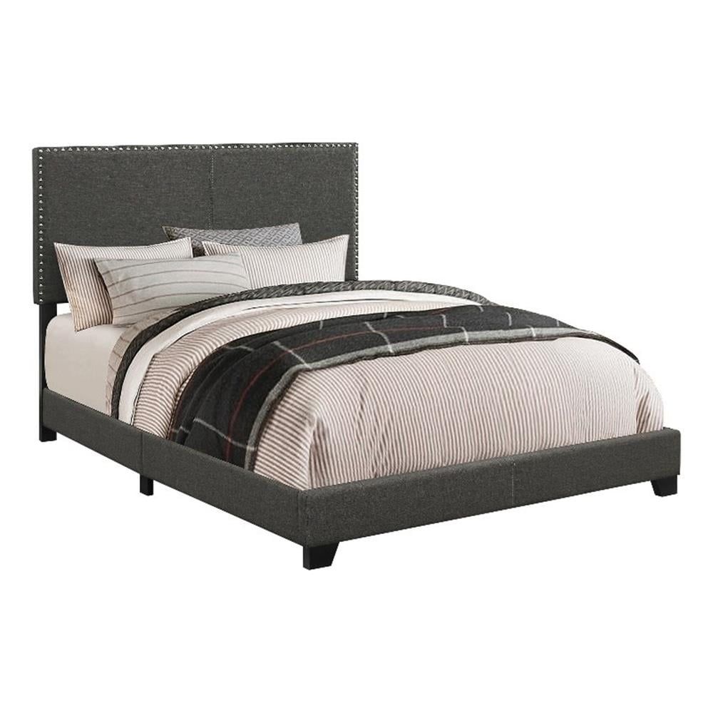 Charcoal Gray Queen Upholstered Bed with Sleek Nailhead Trim