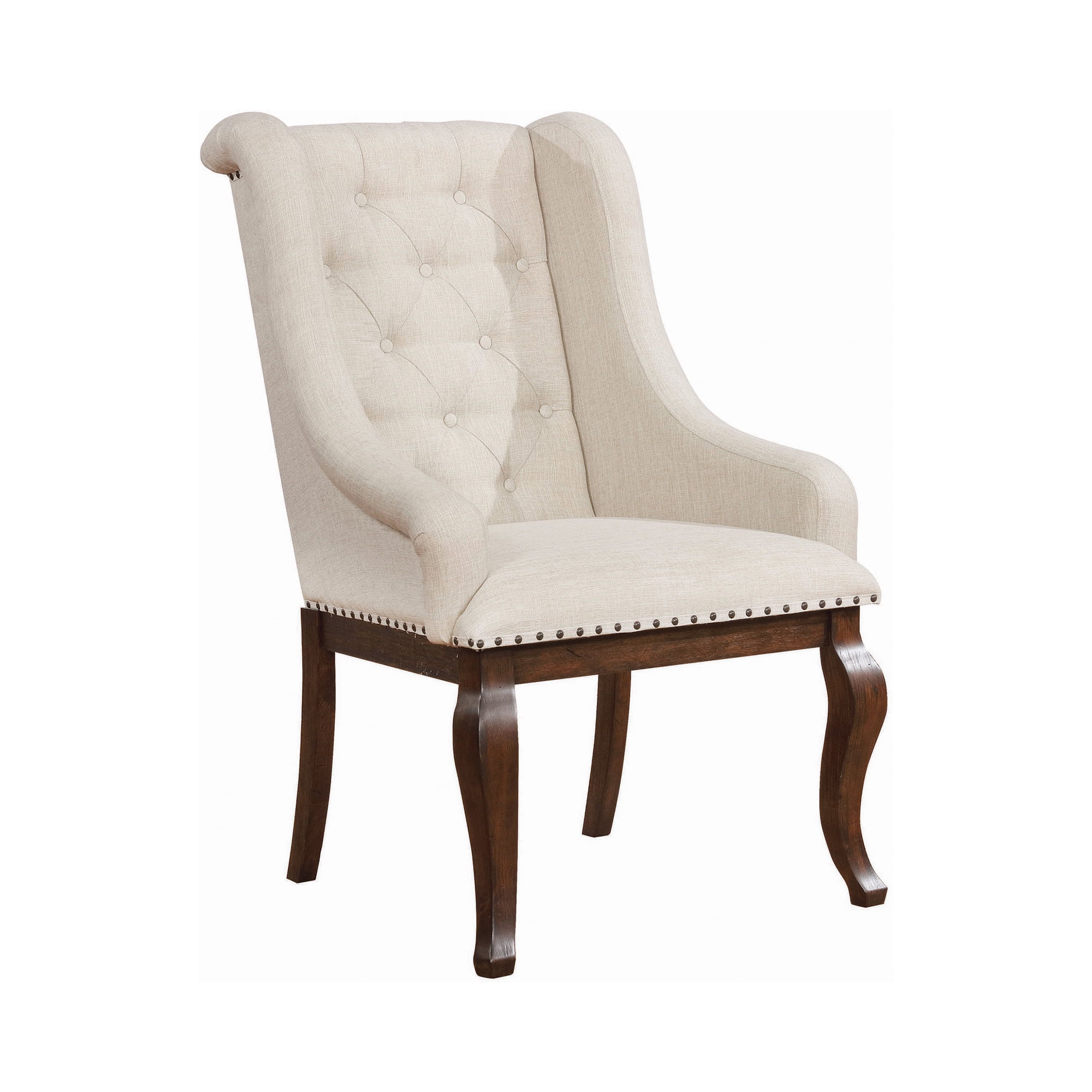 Cream Tufted Fabric Arm Chair with Antique Java Finish