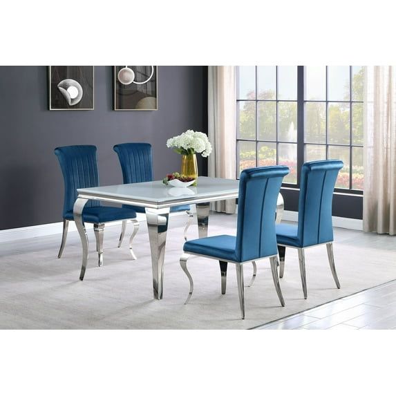 Carone 5-Piece Blue Velvet Dining Set with Glass Top