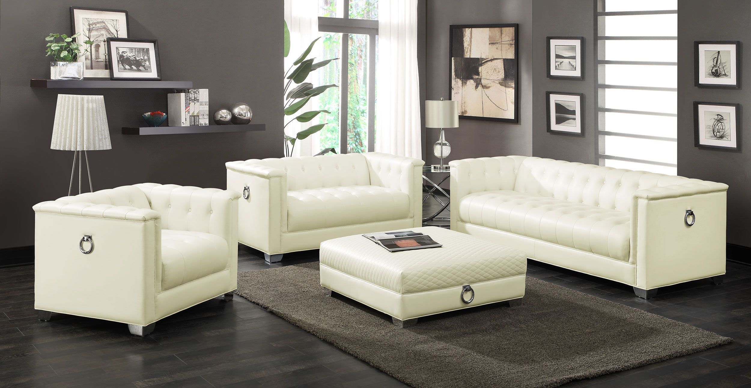 Pearl White Faux Leather Tufted 4-Piece Sofa Set