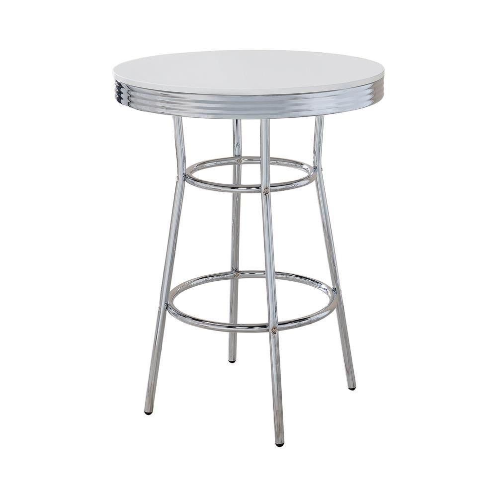 Contemporary Chrome and White Round Wood-Glass Bar Table