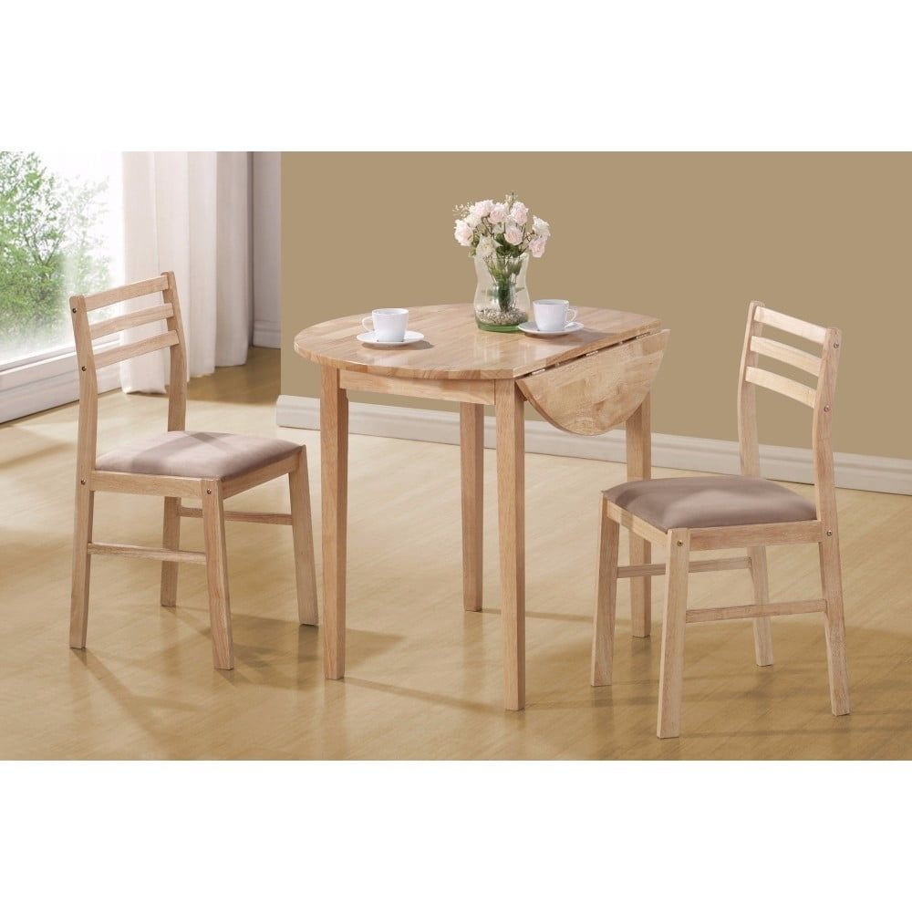 Natural Beige Round Drop-Leaf Dining Table Set with Two Chairs