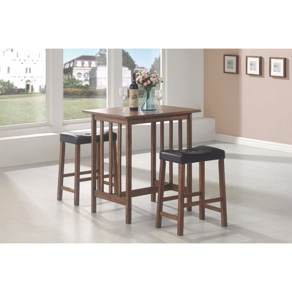 Nut Brown Transitional 3-Piece Pub Table Set with Black Faux Leather Chairs