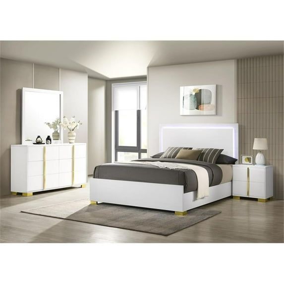 White and Gold Queen Bedroom Set with LED Headboard
