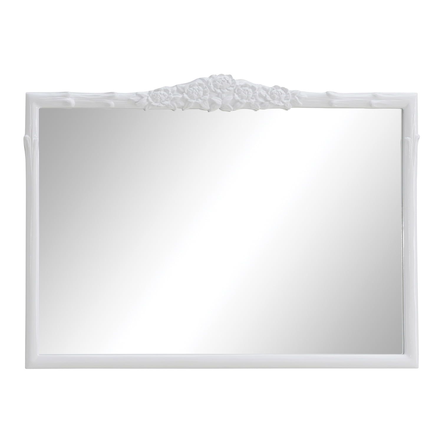White Rectangular Wood Wall Mirror with Floral Carving