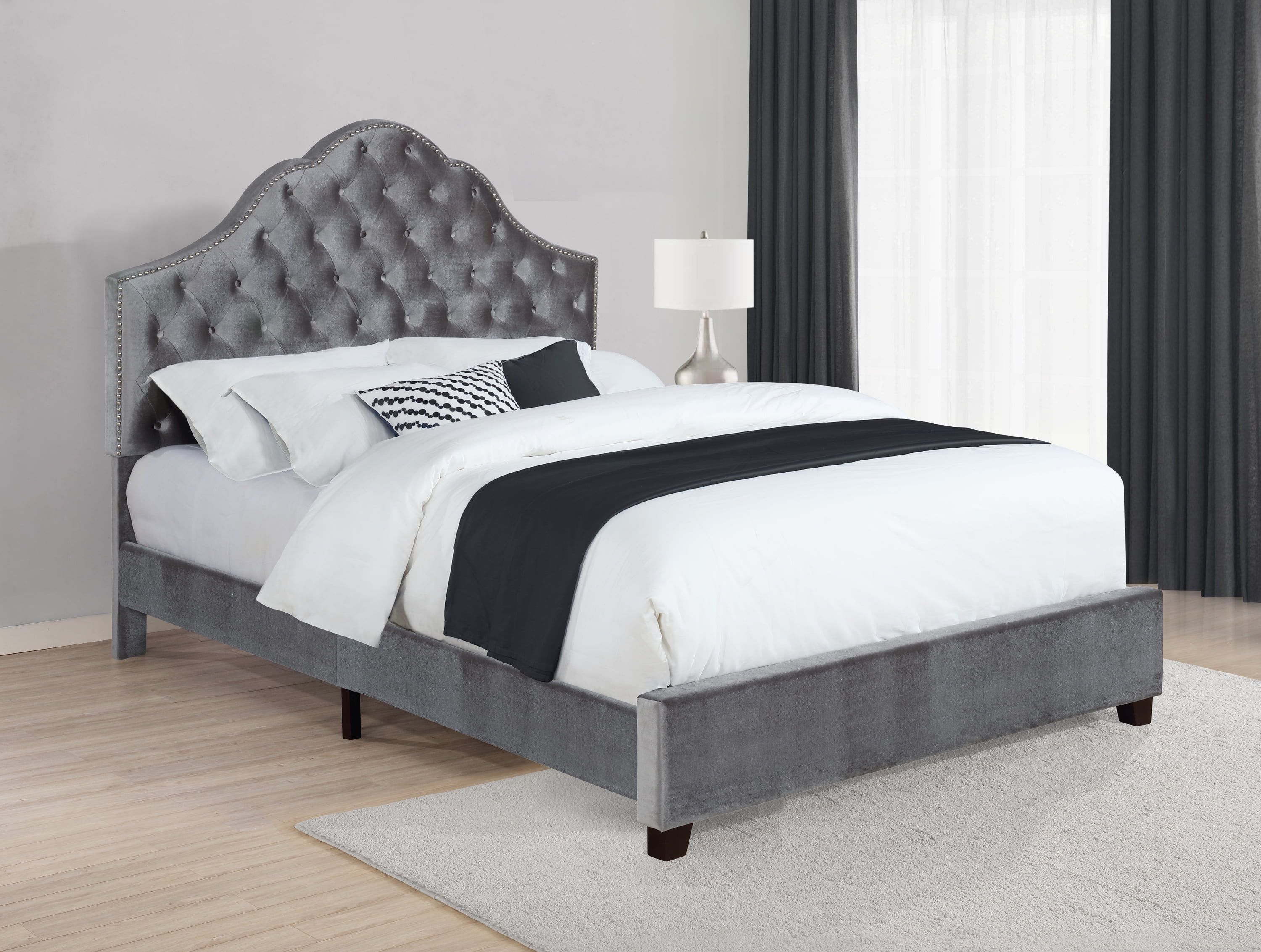 Luxurious Grey Velvet King Upholstered Bed with Nailhead Trim