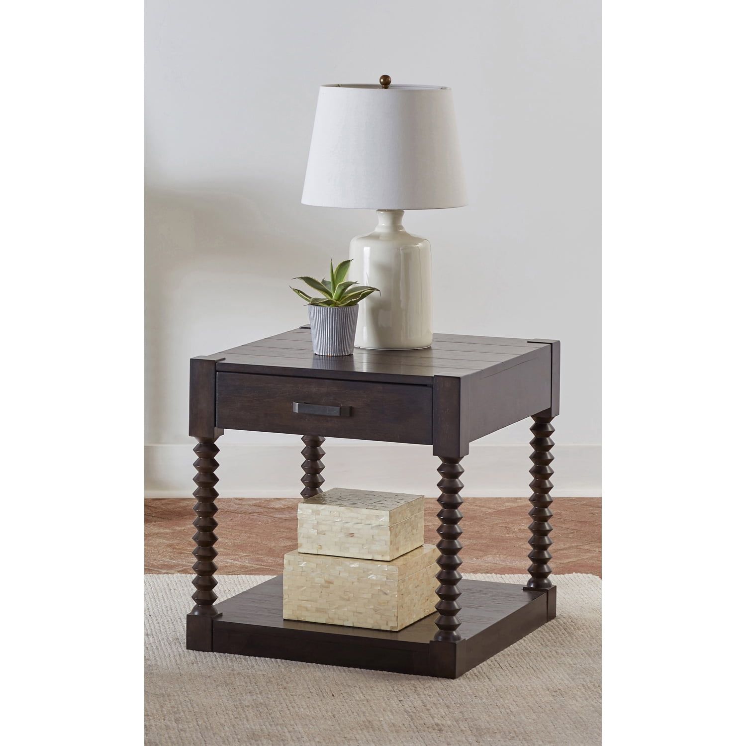 Transitional Coffee Bean Brown End Table with Spindle Legs and Storage