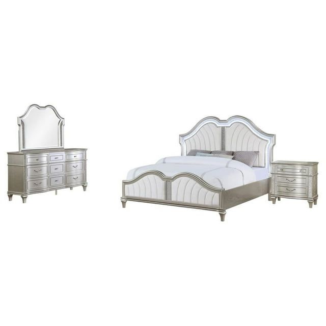 Evangeline Silver Oak 4-Piece King Bedroom Set with Ivory Upholstery